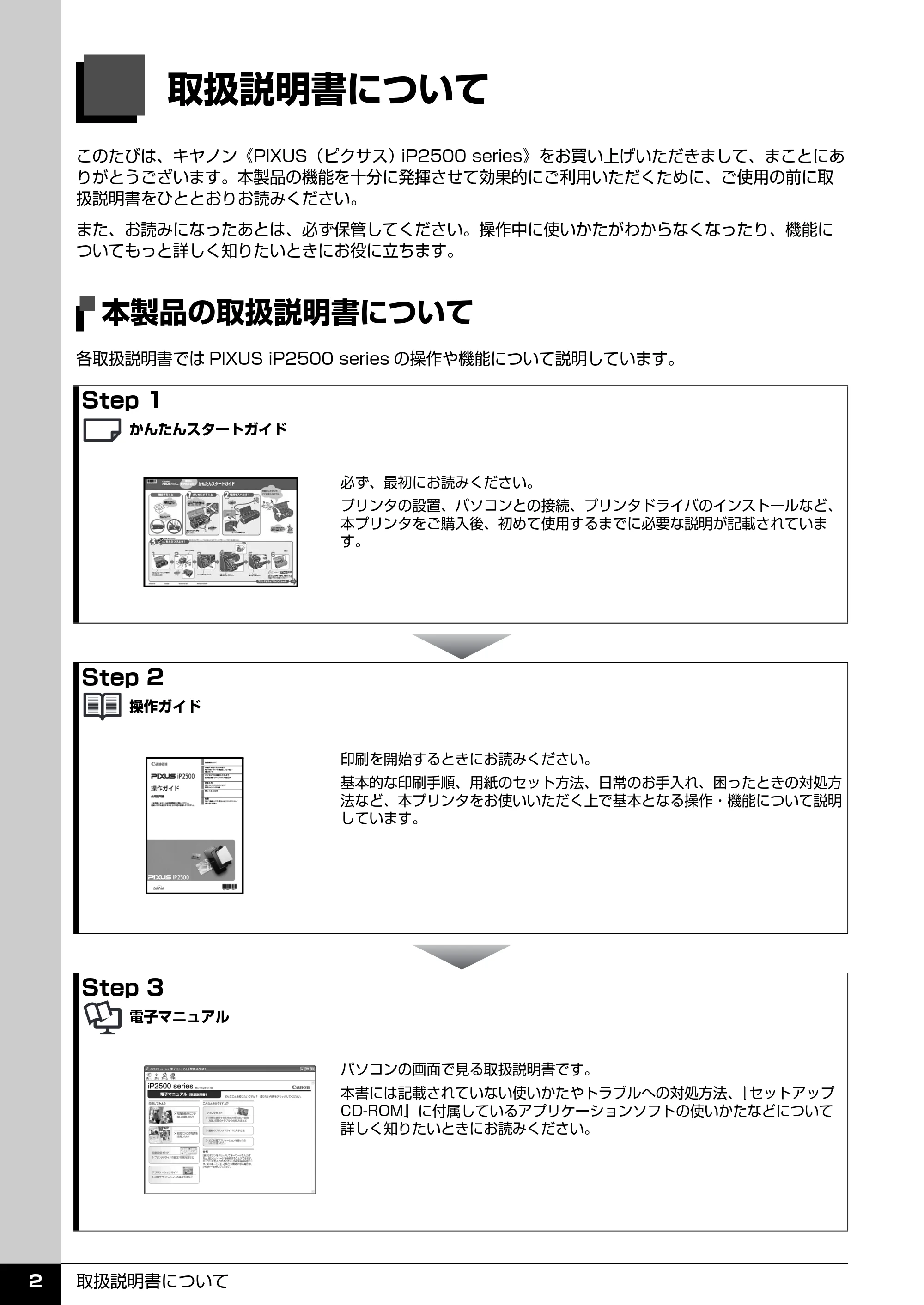キヤノン PIXUS iP2500 操作ガイド (PDF形式/10.03Mバイト) — 取扱説明書について — 原本ページ — 3ページ