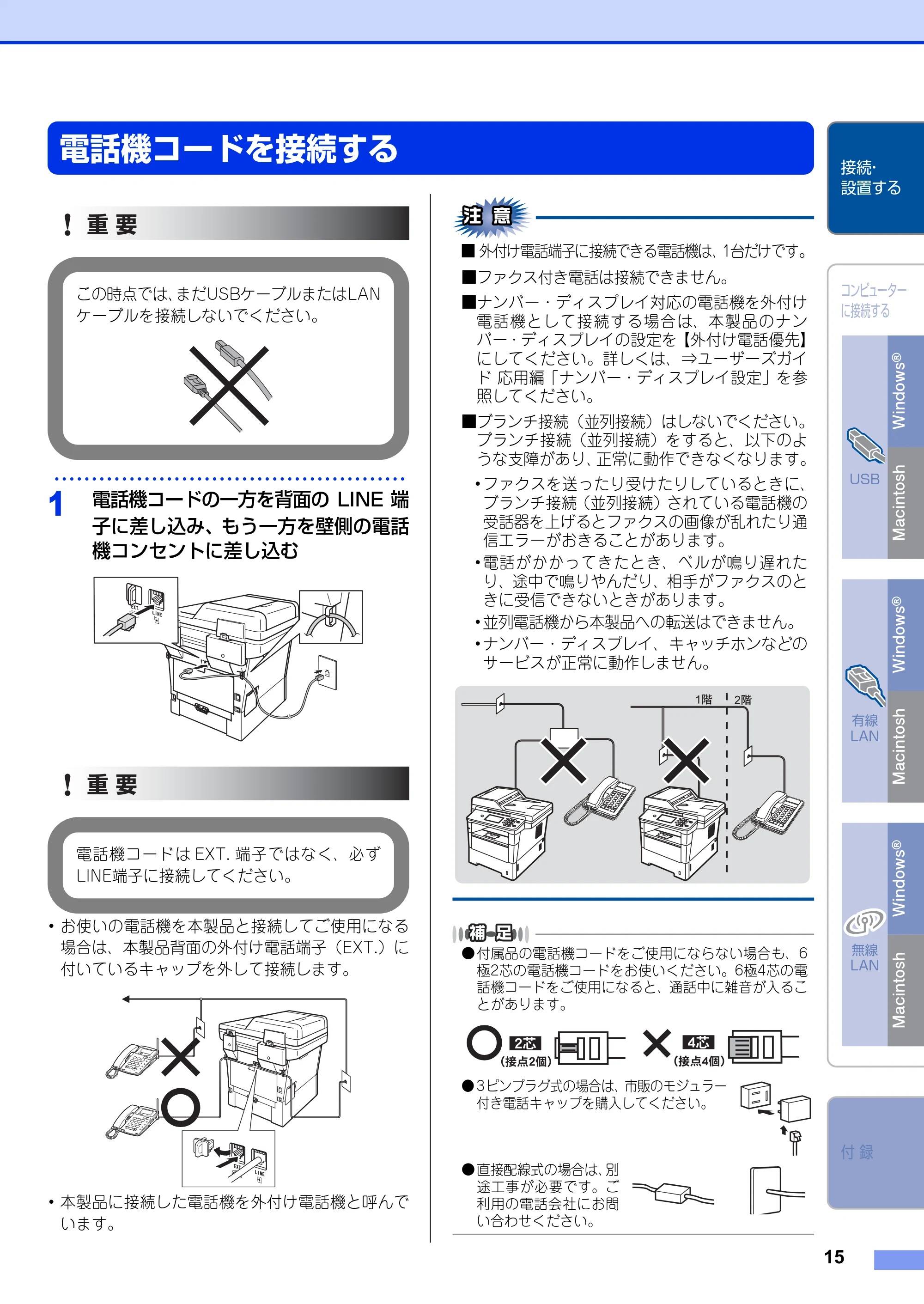 ブラザー MFC-8950DW かんたん設置ガイド — 電話機コードを接続する — 原本ページ — 15ページ