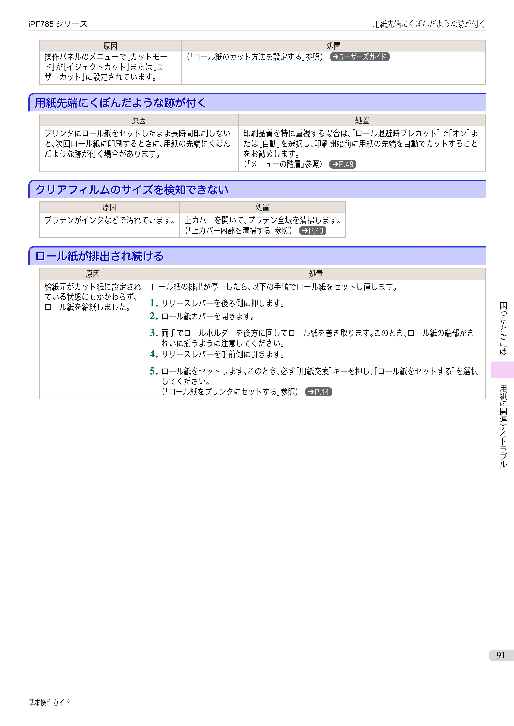 キヤノン iPF680/685/780/785 iPF785 基本操作ガイド（PDF：11.3MB） — 用紙先端にくぼんだような跡が付く — 原本ページ — 91ページ