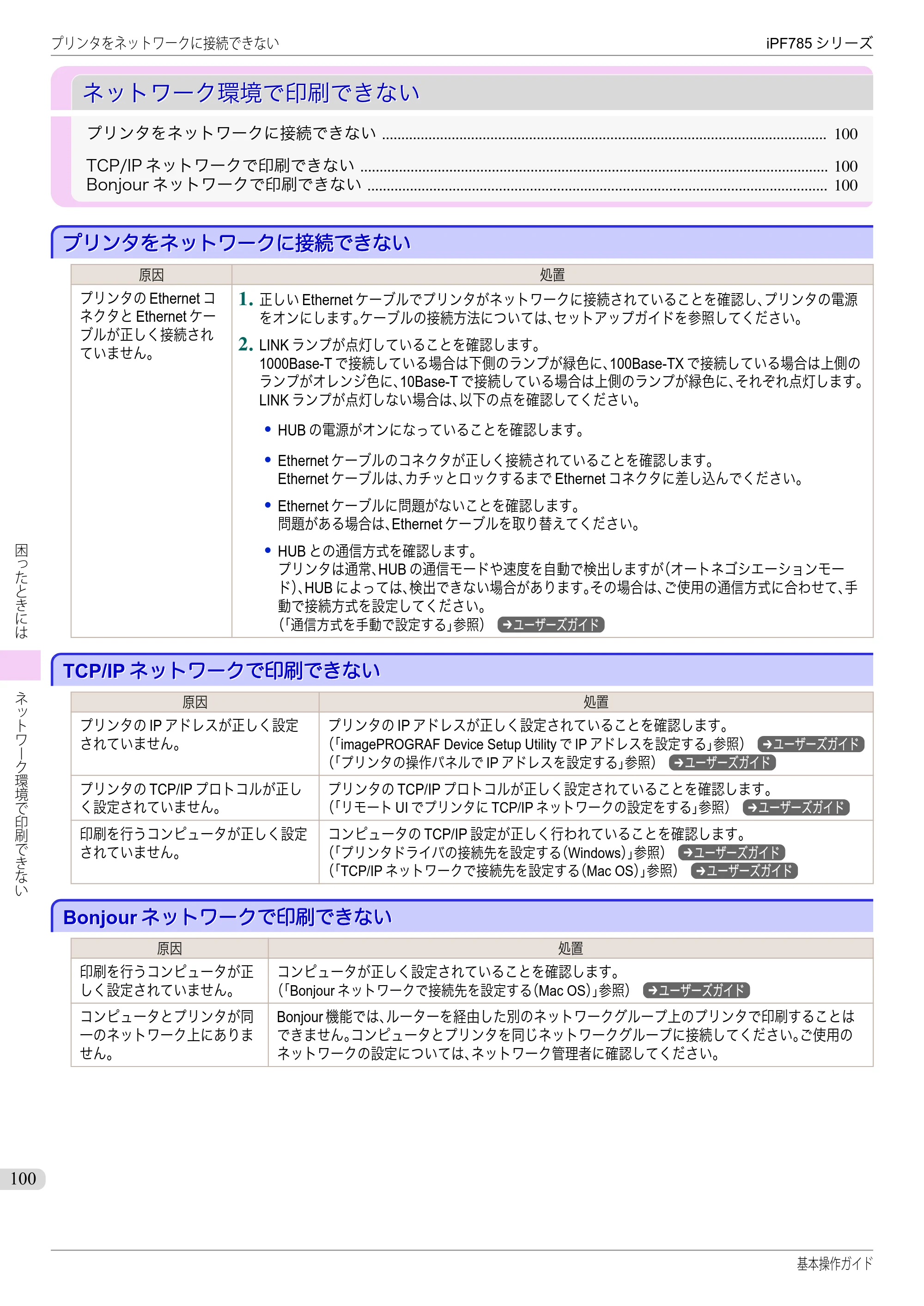 キヤノン iPF680/685/780/785 iPF785 基本操作ガイド（PDF：11.3MB） — ネットワーク環境で印刷できない — 原本ページ — 100ページ