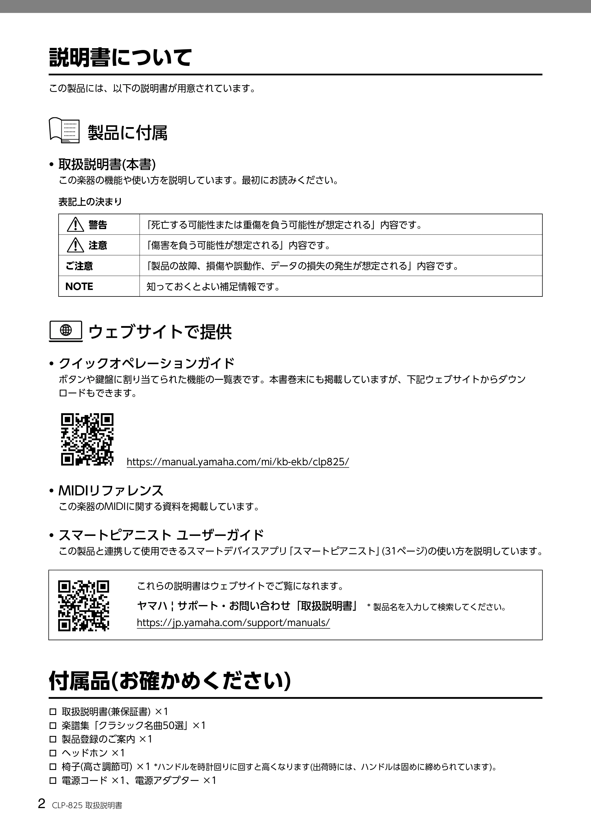 ヤマハ CLP-825 CLP-825 取扱説明書 — 説明書について — 原本ページ — 2ページ