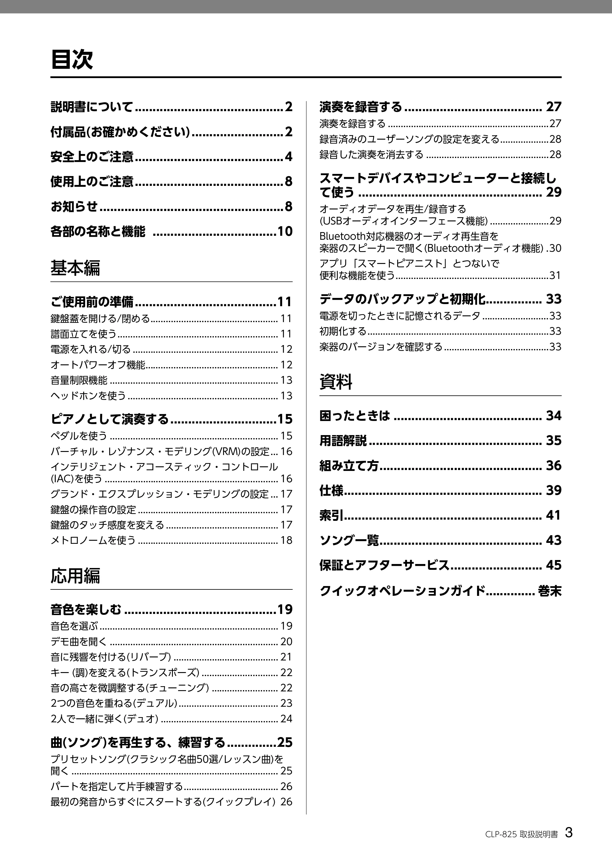 ヤマハ CLP-825 CLP-825 取扱説明書 — 目次 — 原本ページ — 3ページ