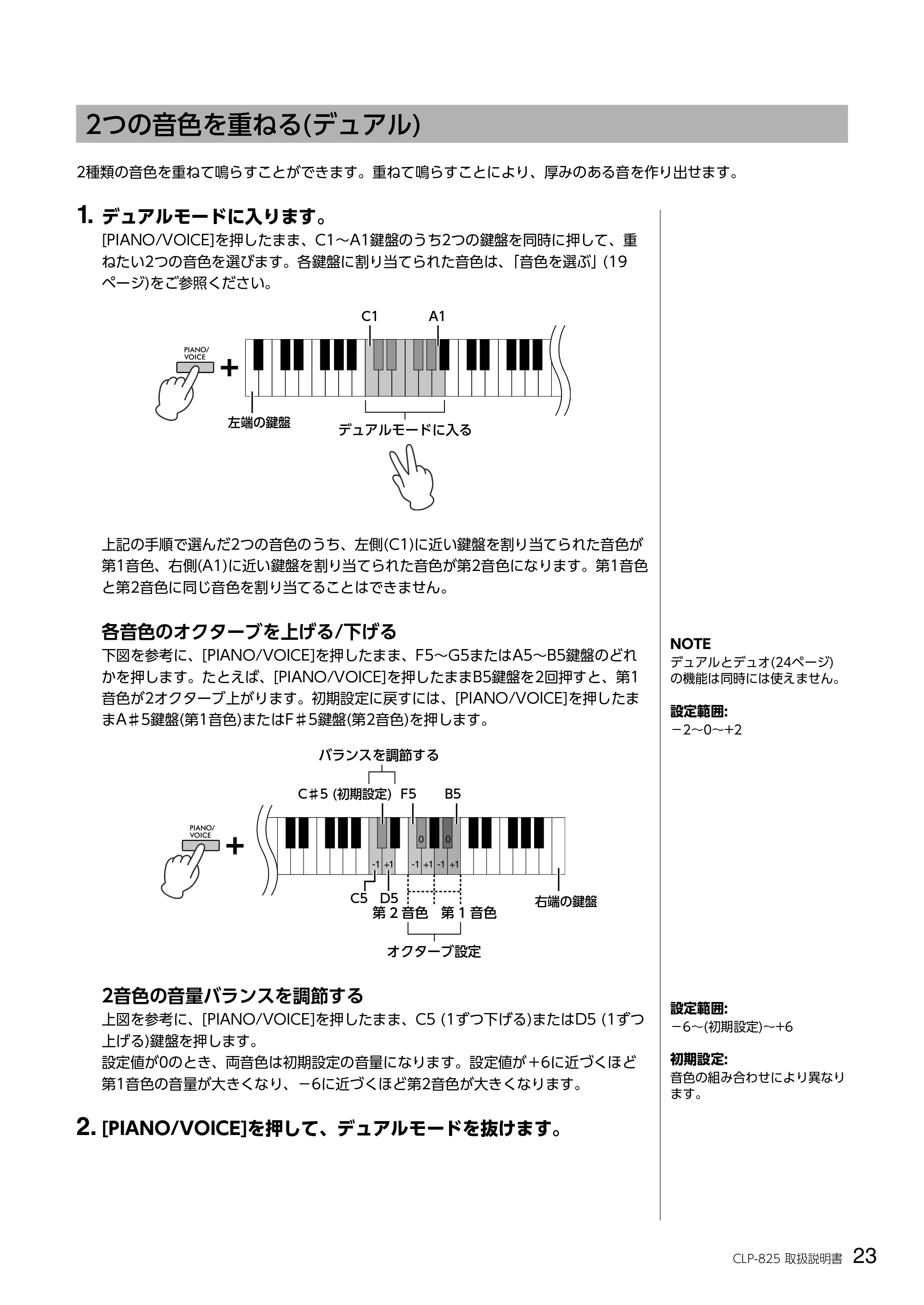 ヤマハ CLP-825 CLP-825 取扱説明書 — 2つの音色を重ねる(デュアル) — 原本ページ — 23ページ