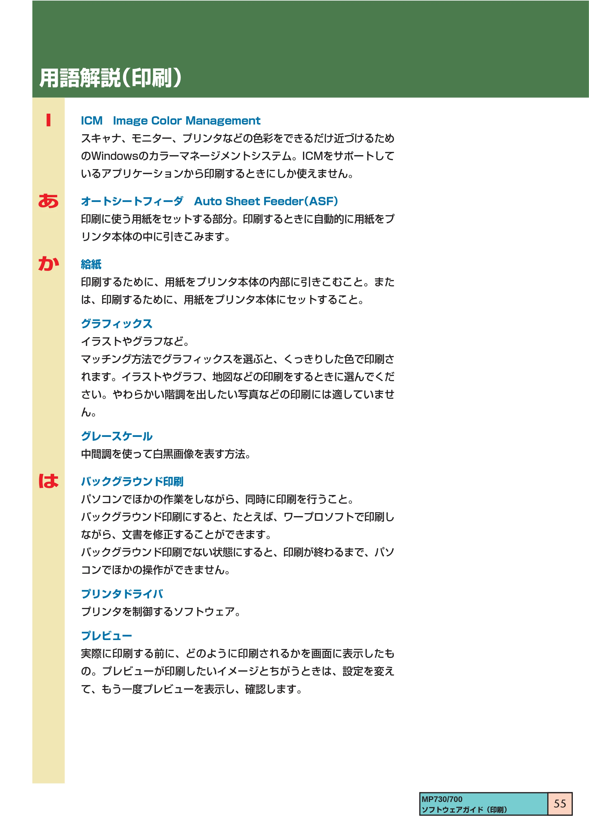 キヤノン PIXUS MP700 ソフトウエアガイド（2） （PDF形式／1.13Mバイト） — 用語解説（印刷） — 原本ページ — 55ページ