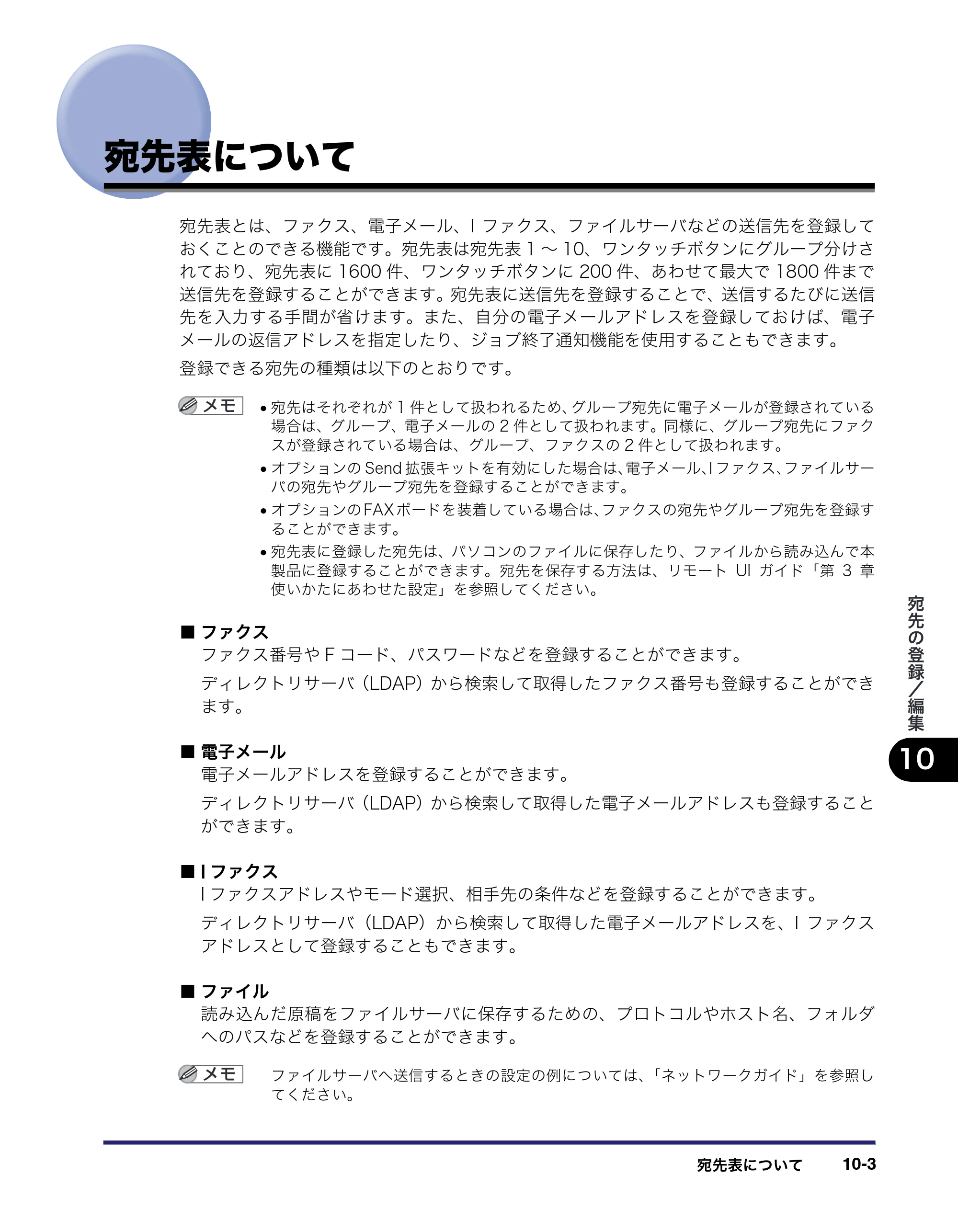 キヤノン iR5075N/5065/5065N/5055/5055N 送信／ファクスガイド （PDF形式／18.89Mバイト） — 宛先表について — 原本ページ — 249ページ