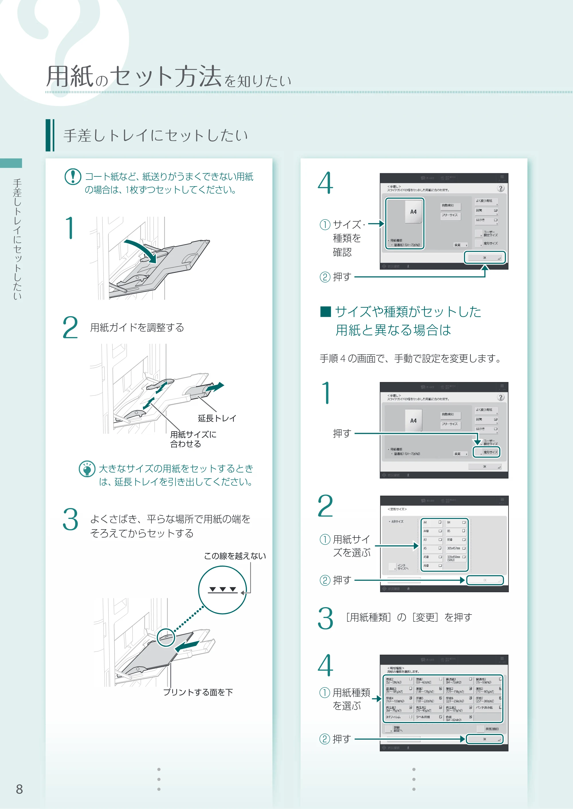 キヤノン A3機用) お困りごと解決ガイド 2020年10月2日更新（PDF：15.3MB） — 手差しトレイにセットしたい — 原本ページ — 8ページ