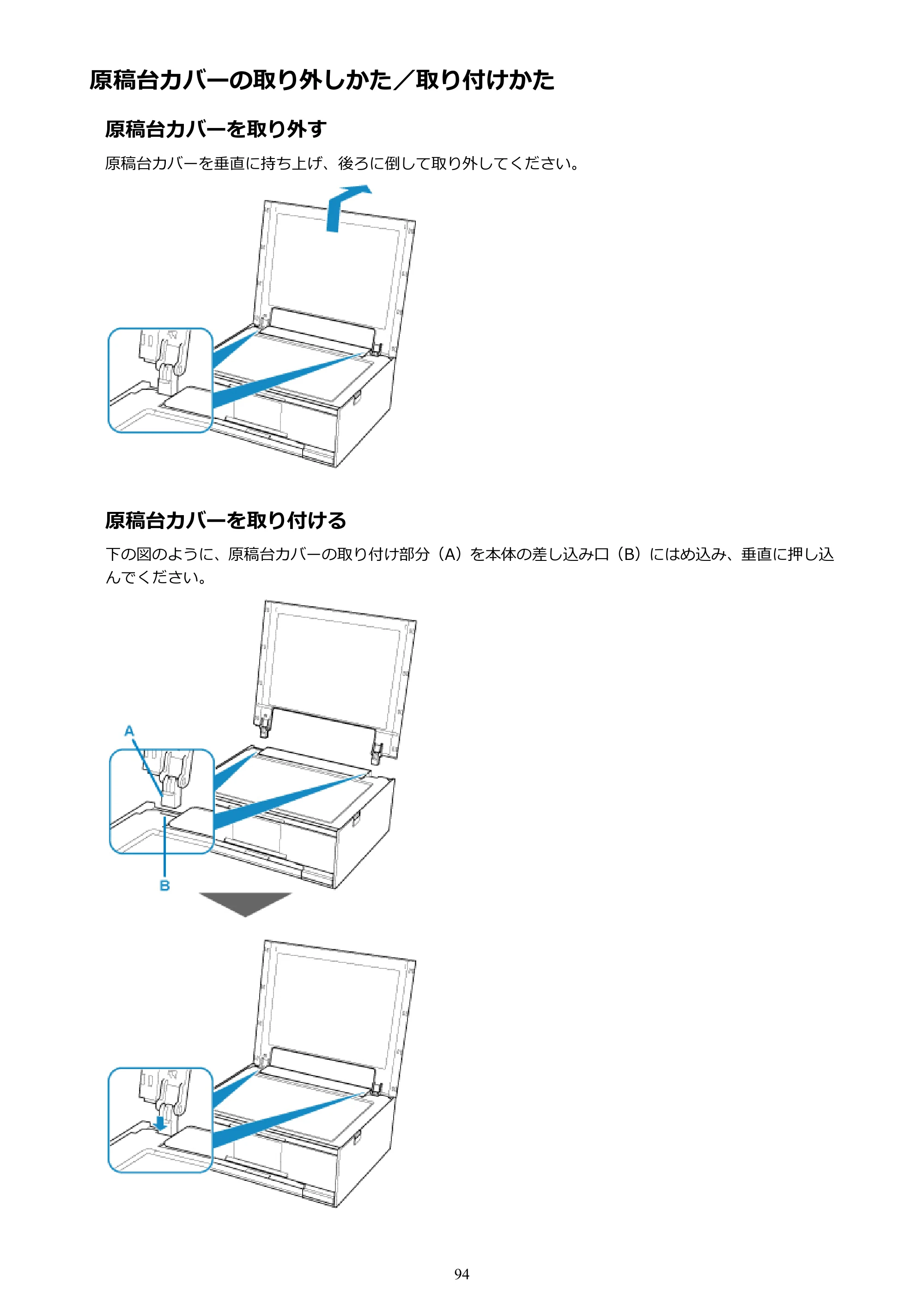 キヤノン PIXUS XK70 電子マニュアル PDF版（Mac版）（PDF：16.0MB） — 原稿台カバーの取り外しかた／取り付けかた — 原本ページ — 94ページ