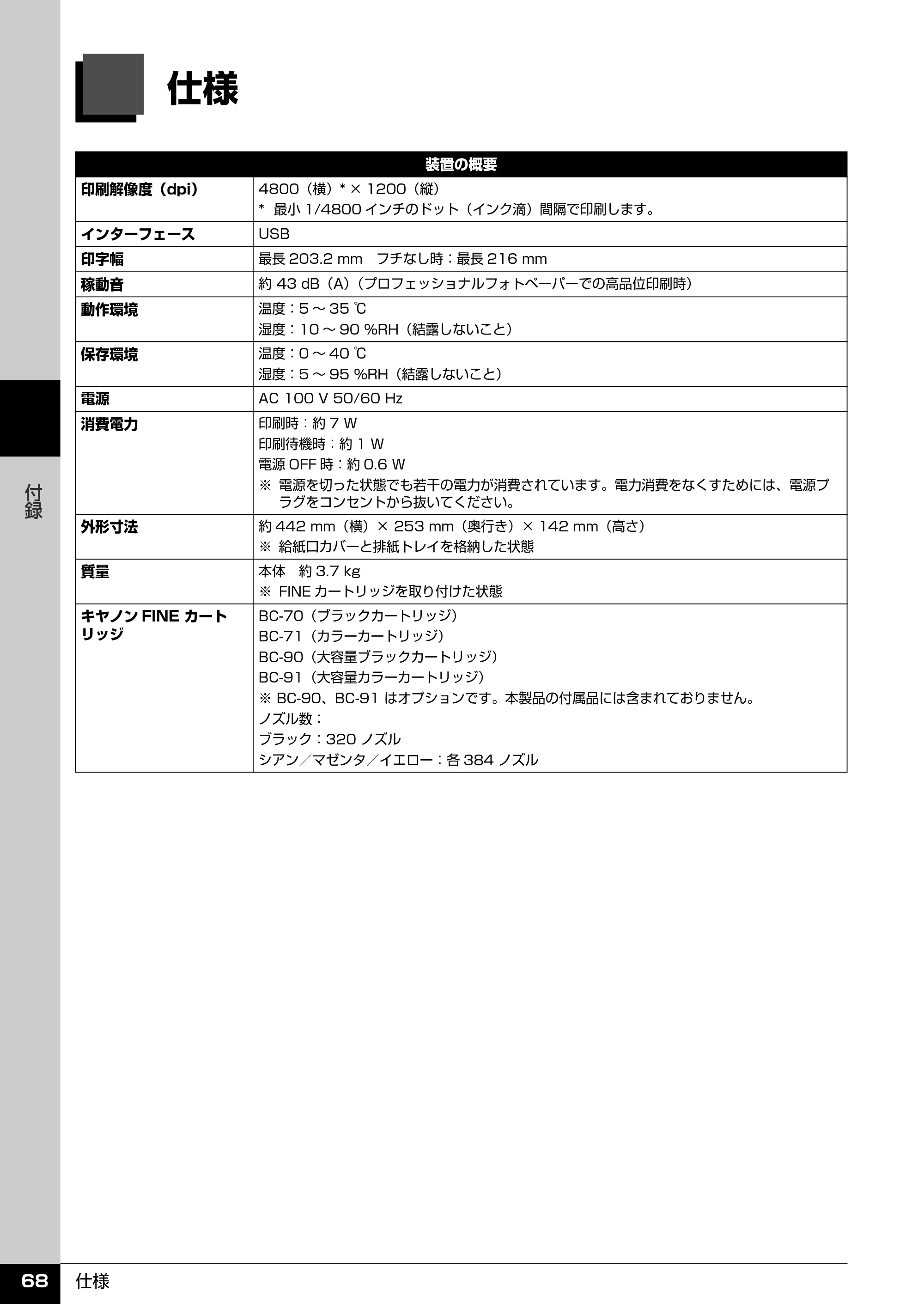 キヤノン PIXUS iP2600 操作ガイド （PDF形式／11.74Mバイト） — 仕様 — 原本ページ — 70ページ