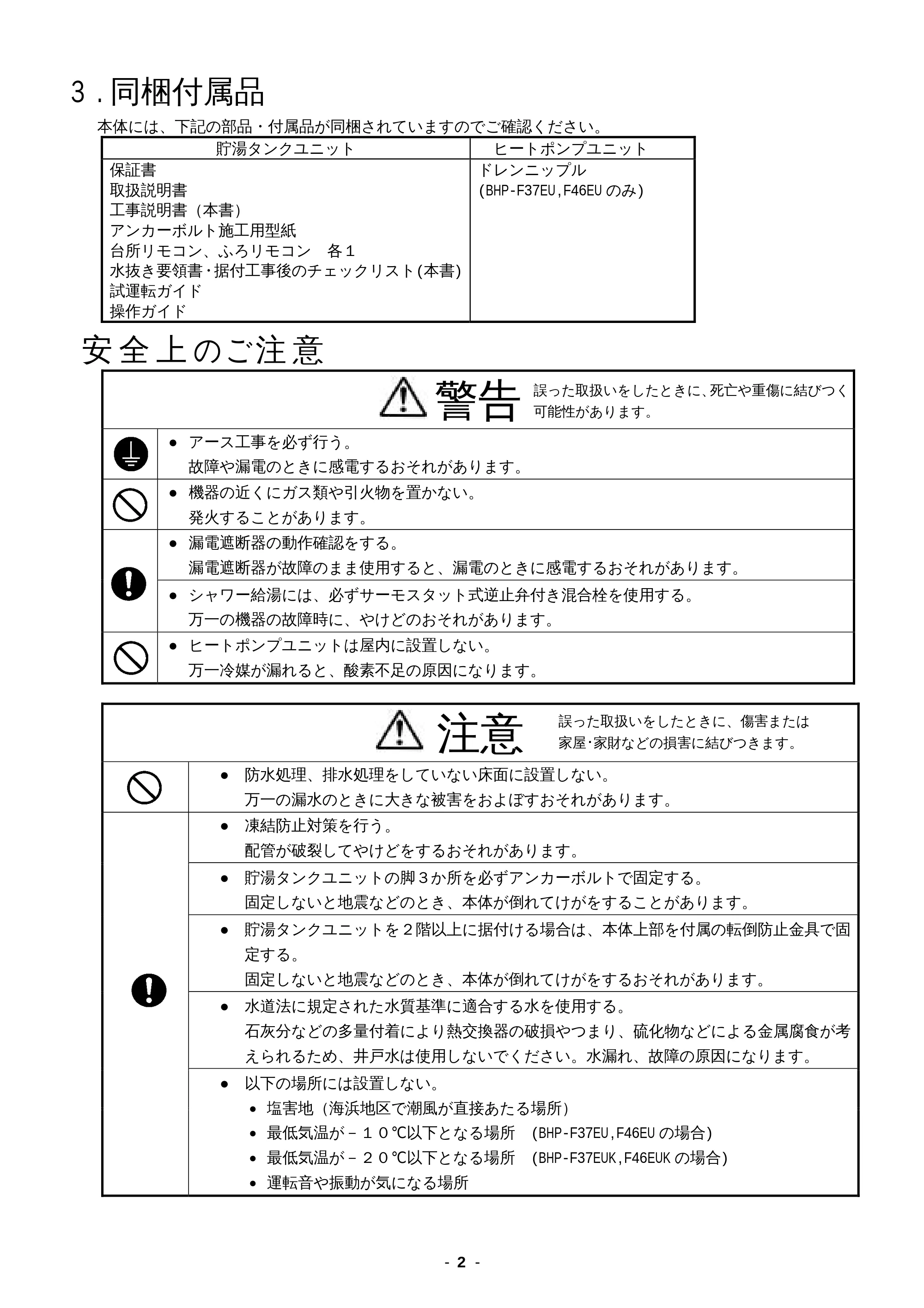 日立 BHP-F37EUK / BHP-F46EUK 工事説明書 — 3.同梱付属品 — 原本ページ — 2ページ