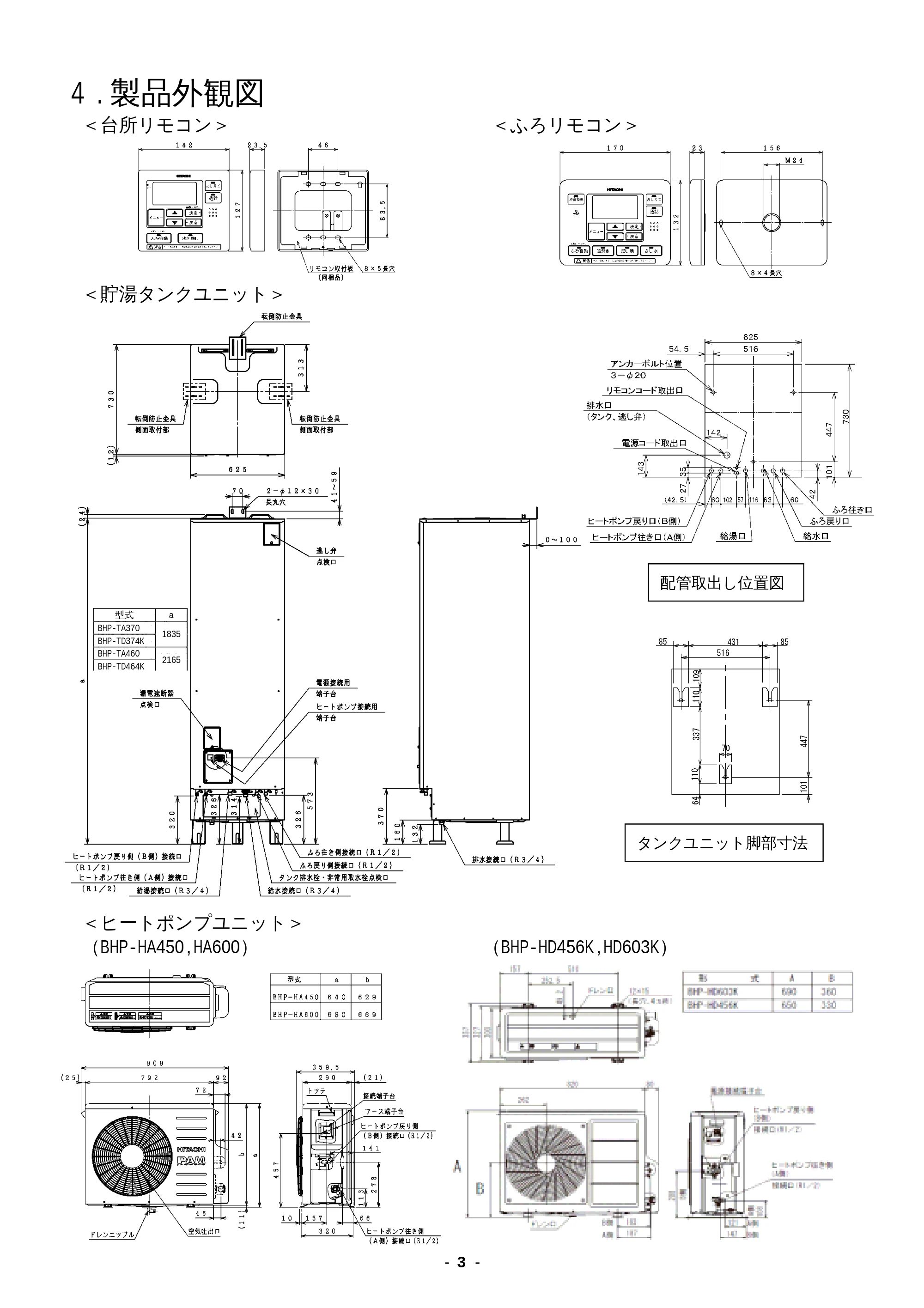 日立 BHP-F37EUK / BHP-F46EUK 工事説明書 — 4.製品外観図 — 原本ページ — 3ページ