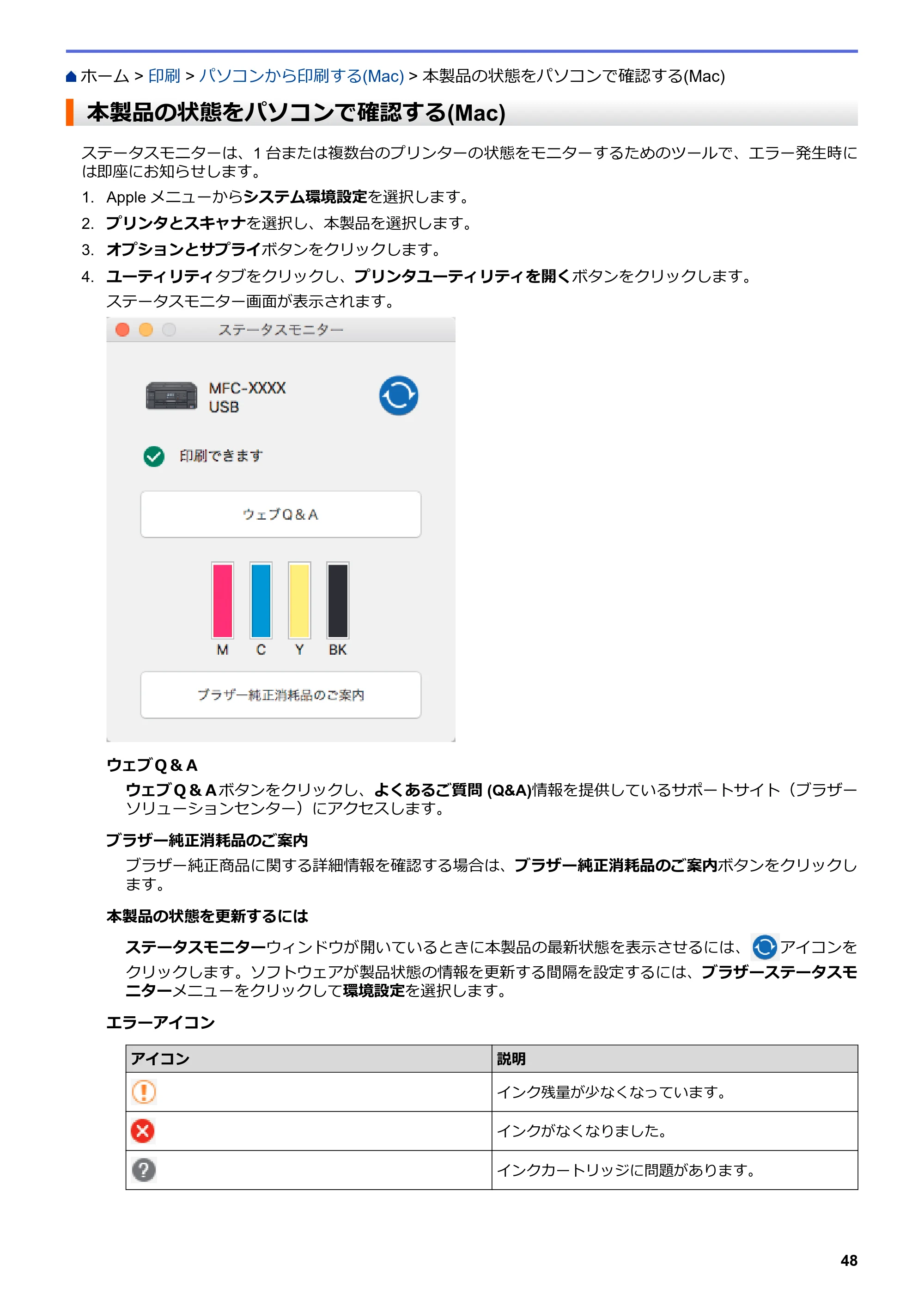 ブラザー DCP-J572N / DCP-J972N / DCP-J973N-B/W ユーザーズガイド（印刷用） ～パソコン活用＆ネットワーク～ — 本製品の状態をパソコンで確認する(Mac) — 原本ページ — 53ページ