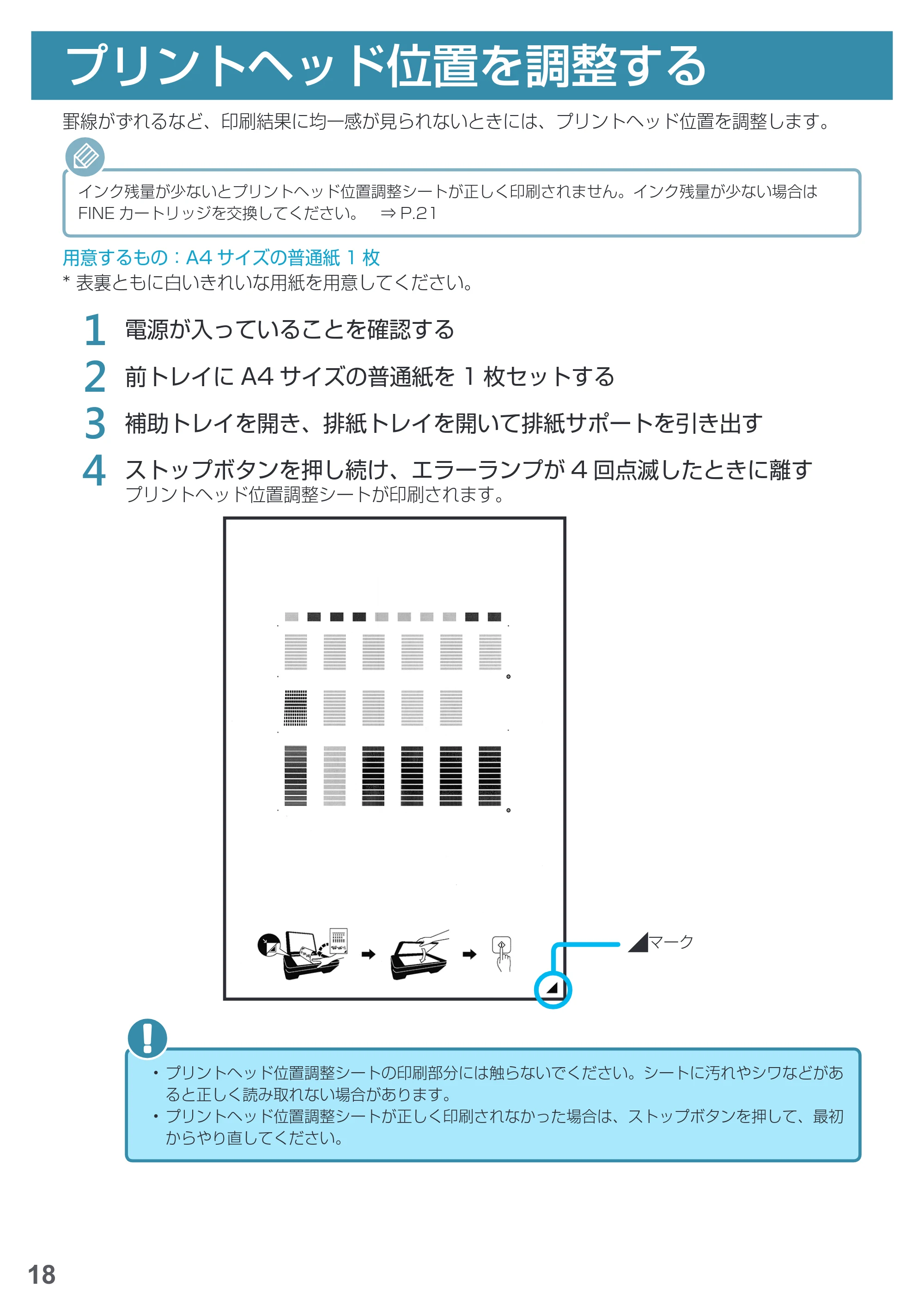 キヤノン PIXUS MG3630 基本操作マニュアル（PDF：3.26MB） — プリントヘッド位置を調整する — 原本ページ — 20ページ