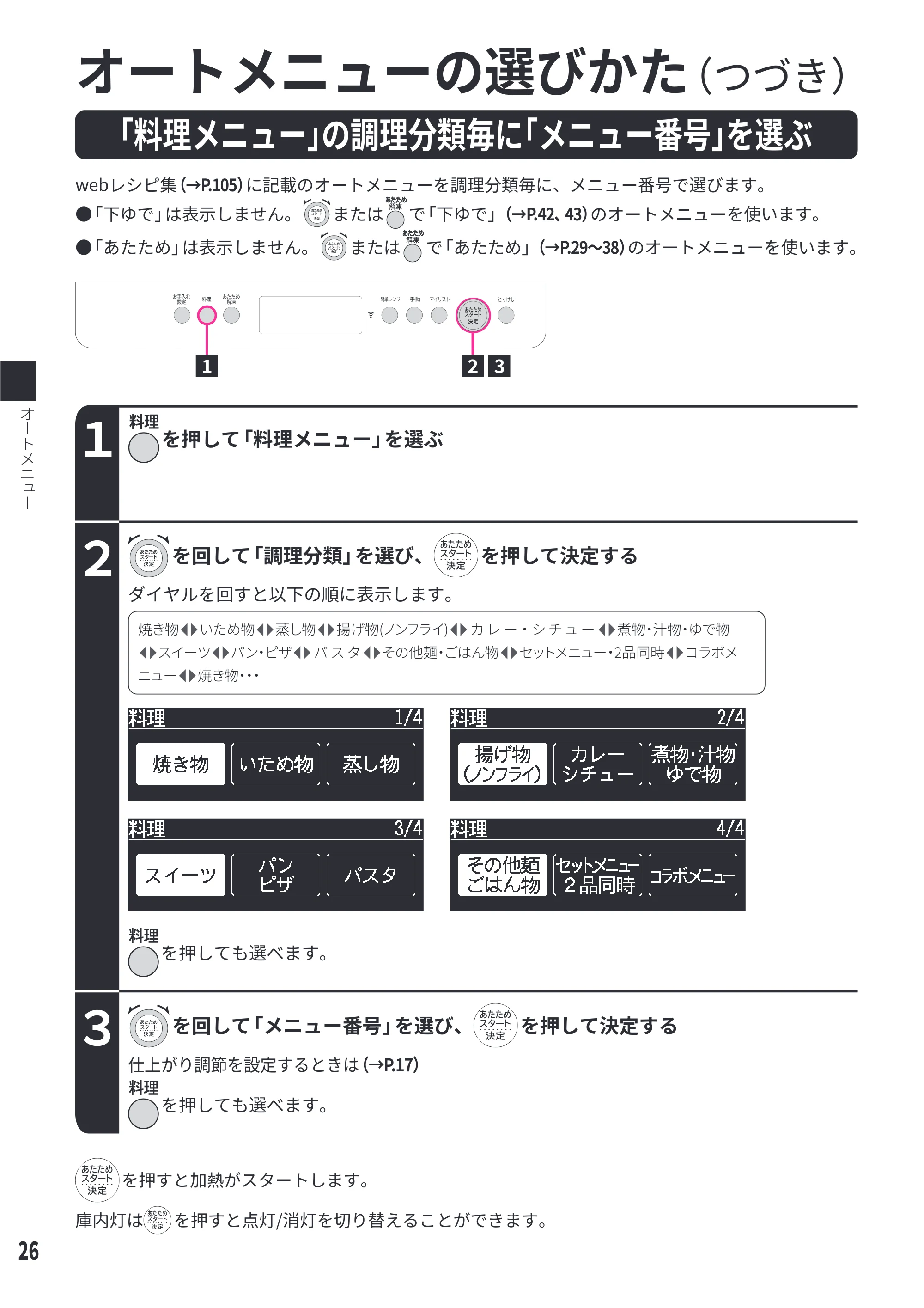 日立 MRO-W1E 取扱説明書 — 「料理メニュー」の調理分類毎に「メニュー番号」を選ぶ — 原本ページ — 26ページ