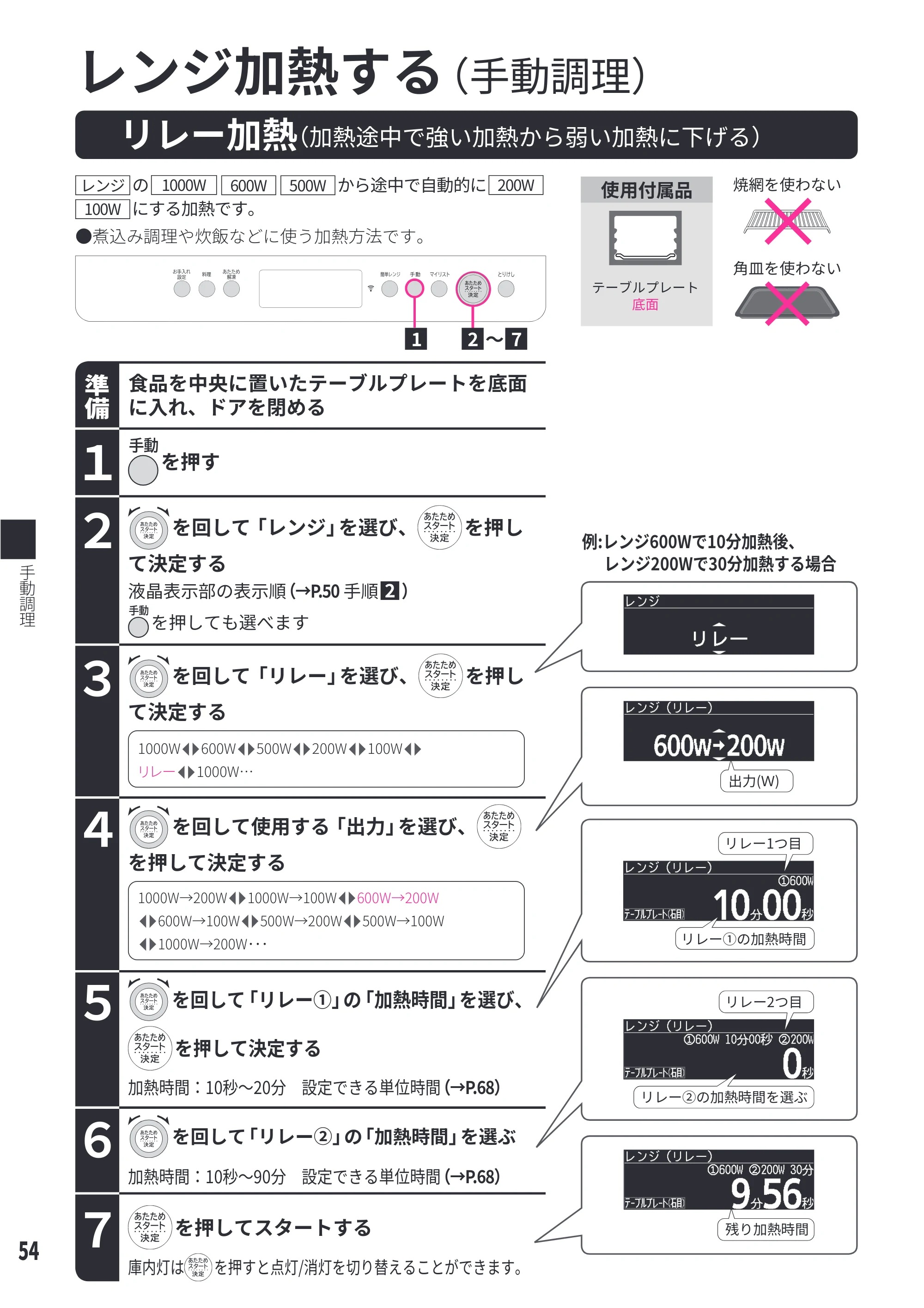 日立 MRO-W1E 取扱説明書 — リレー加熱（加熱途中で強い加熱から弱い加熱に下げる） — 原本ページ — 54ページ