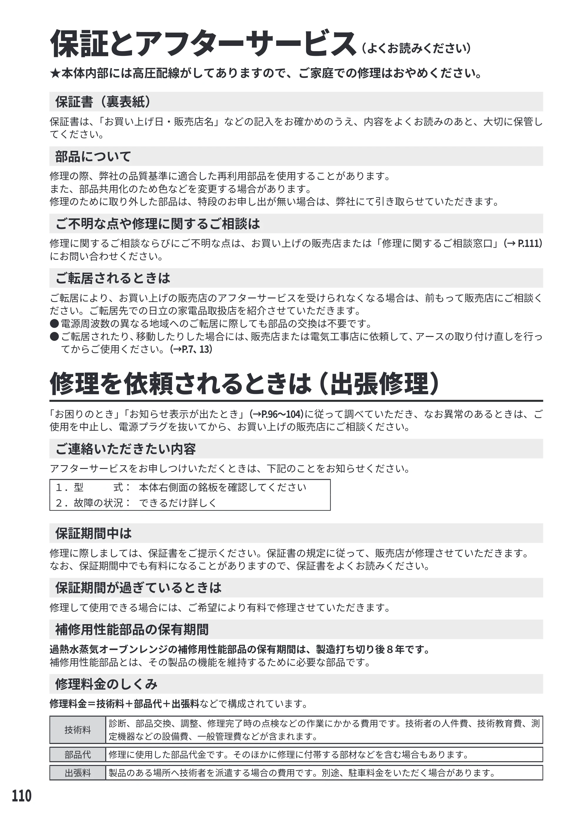 日立 MRO-W1E 取扱説明書 — 保証とアフターサービス — 原本ページ — 110ページ
