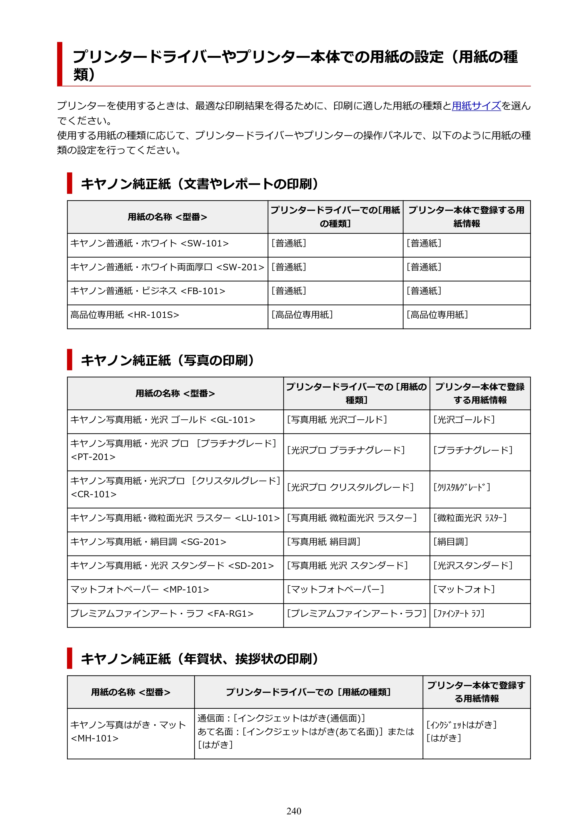 キヤノン PIXUS TS8530 オンラインマニュアル PDF版（Windows版） — プリンタードライバーやプリンター本体での用紙の設定（用紙の種類） — 原本ページ — 240ページ