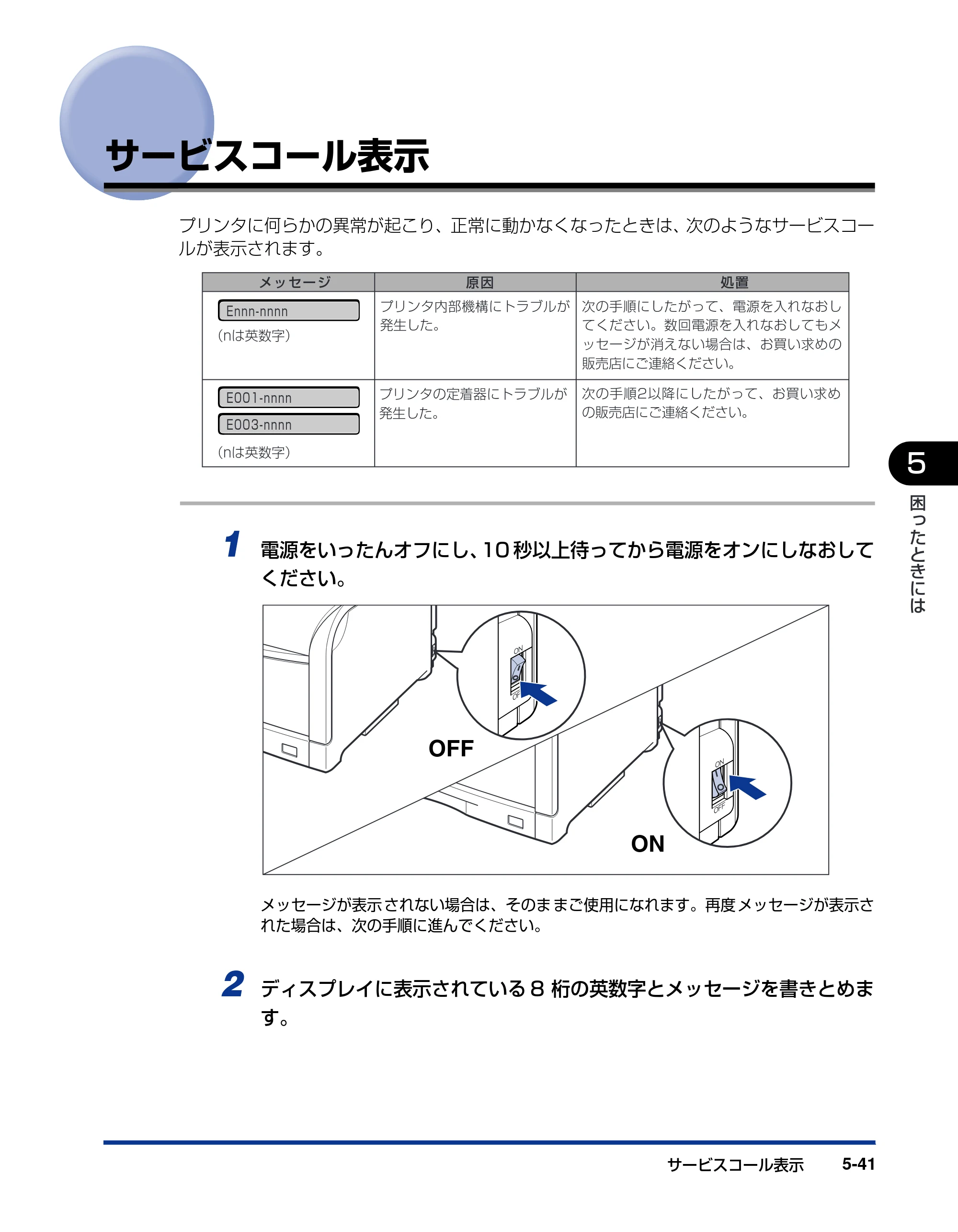 キヤノン LBP5900 ユーザーズガイド 2006年4月18日更新 （PDF形式／8.92Mバイト） — サービスコール表示 — 原本ページ — 307ページ