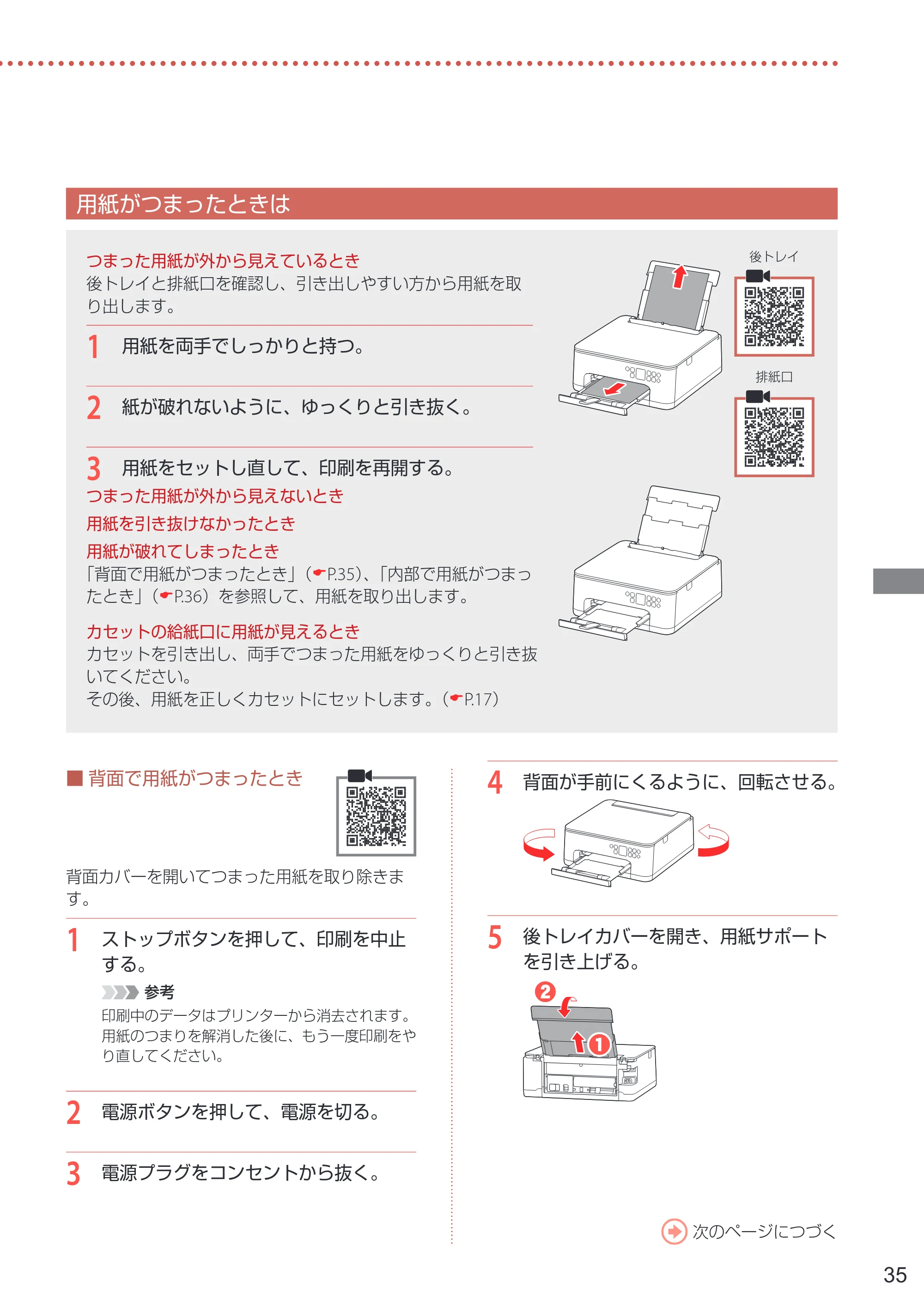 キヤノン PIXUS TS7530 設置・基本操作マニュアル 2021年10月27日掲載（PDF：5.77MB） — 用紙がつまったときは — 原本ページ — 37ページ