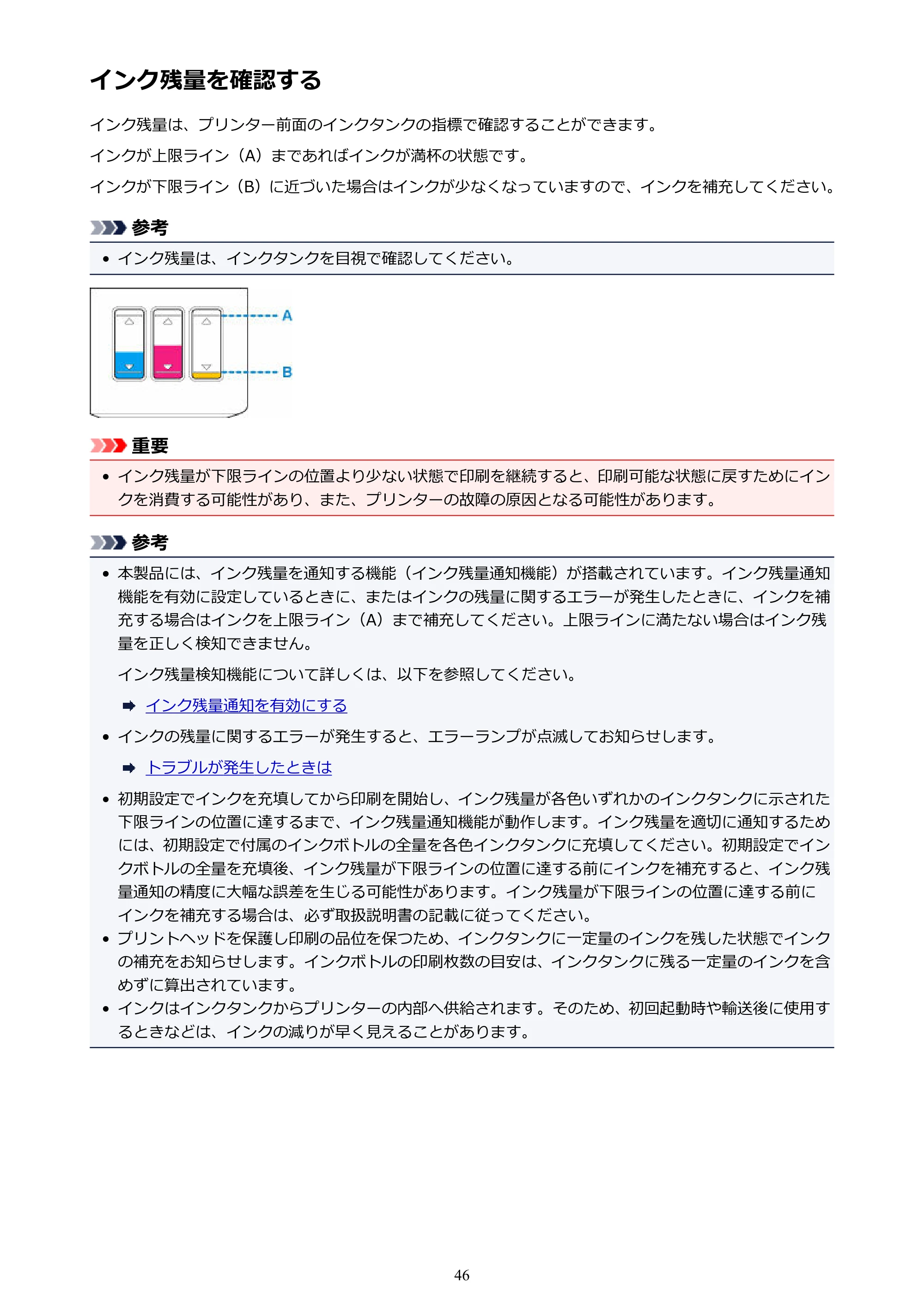 キヤノン G1310 G1310 （PDF） オンラインマニュアル - 取扱説明書 - （Windows） 2026年5月21日更新（PDF：3.6MB） — インク残量を確認する — 原本ページ — 46ページ