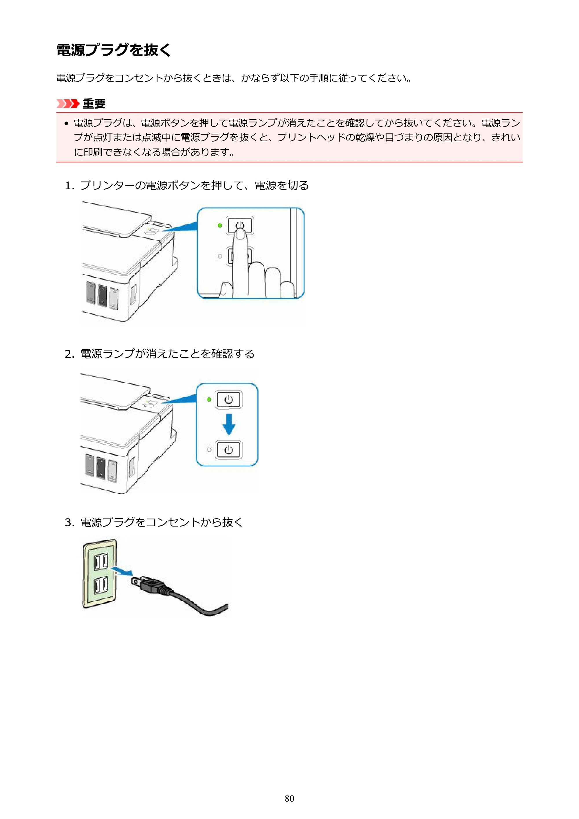 キヤノン G1310 G1310 （PDF） オンラインマニュアル - 取扱説明書 - （Windows） 2026年5月21日更新（PDF：3.6MB） — 電源プラグを抜く — 原本ページ — 80ページ