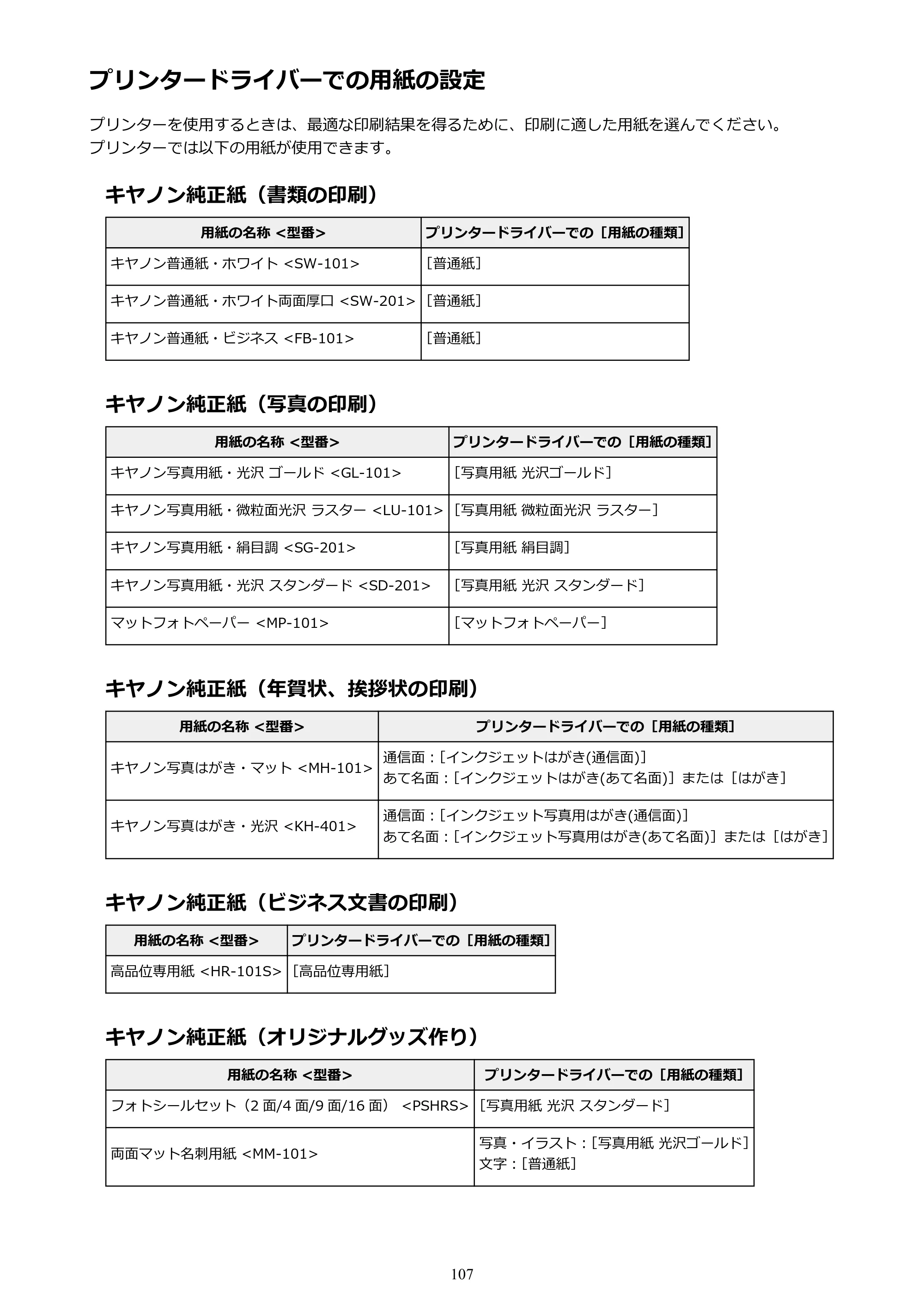 キヤノン G1310 G1310 （PDF） オンラインマニュアル - 取扱説明書 - （Windows） 2026年5月21日更新（PDF：3.6MB） — プリンタードライバーでの用紙の設定 — 原本ページ — 107ページ