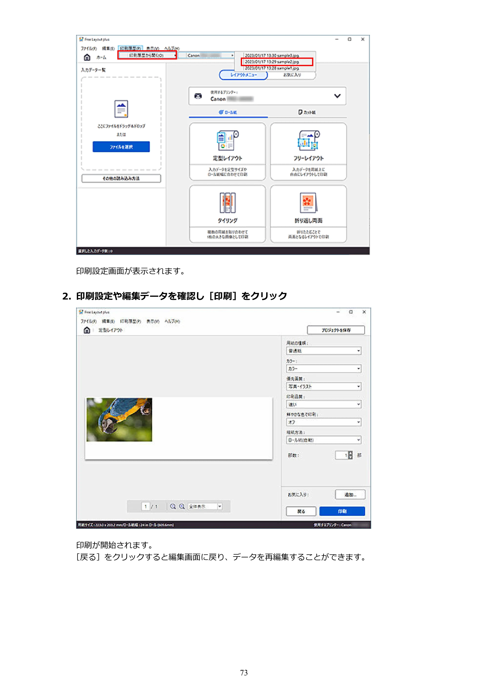 キヤノン PRO-2000 / PRO-2100 / PRO-4000 Free Layout Plus 用ガイド（Windows版）2026年5月21日更新（PDF：1.93MB） — 原本ページ — 73ページ