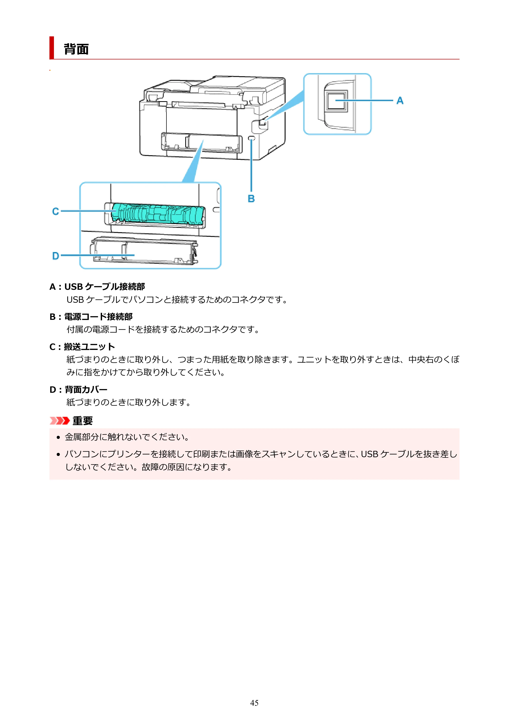 キヤノン PIXUS TS6730 TS6730 (PDF) オンラインマニュアル 取扱説明書 2026年3月19日掲載(PDF:5.4MB) — 背面 — 原本ページ — 45ページ