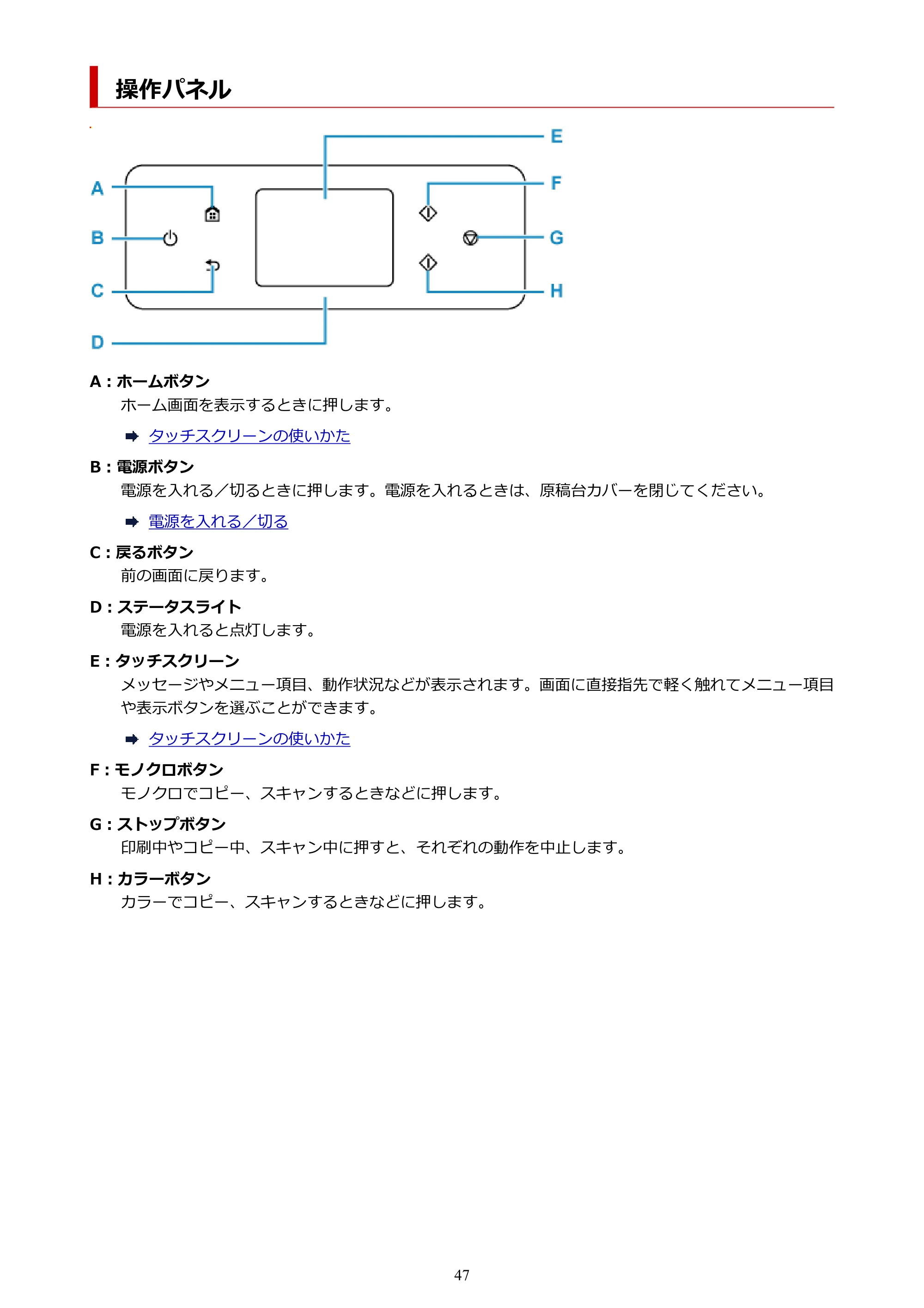 キヤノン PIXUS TS6730 TS6730 (PDF) オンラインマニュアル 取扱説明書 2026年3月19日掲載(PDF:5.4MB) — 操作パネル — 原本ページ — 47ページ