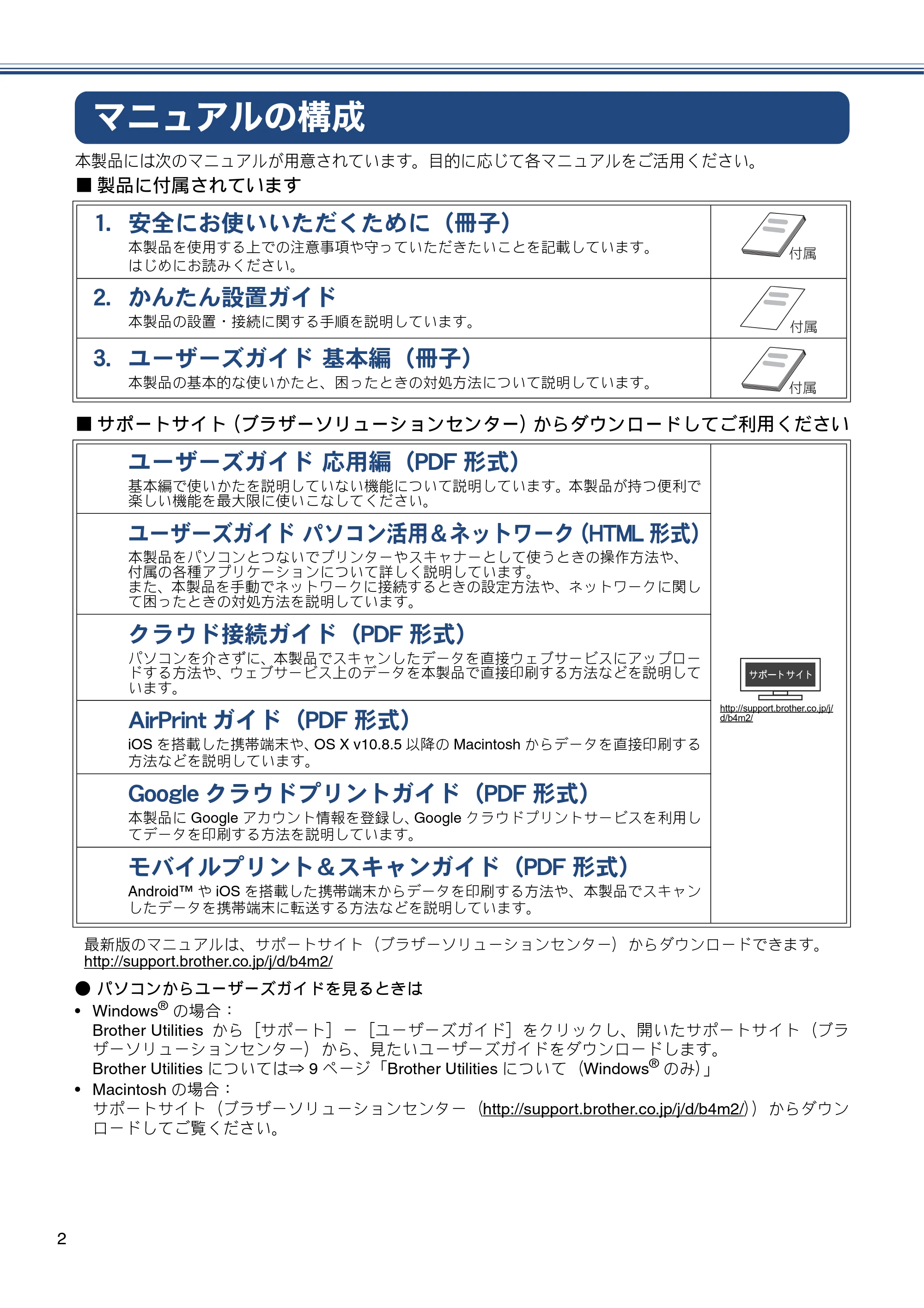 ブラザー MFC-J990DN / MFC-J990DWN / MFC-J730DN / MFC-J730DWN ユーザーズガイド ～基本編～ — マニュアルの構成 — 原本ページ — 2ページ