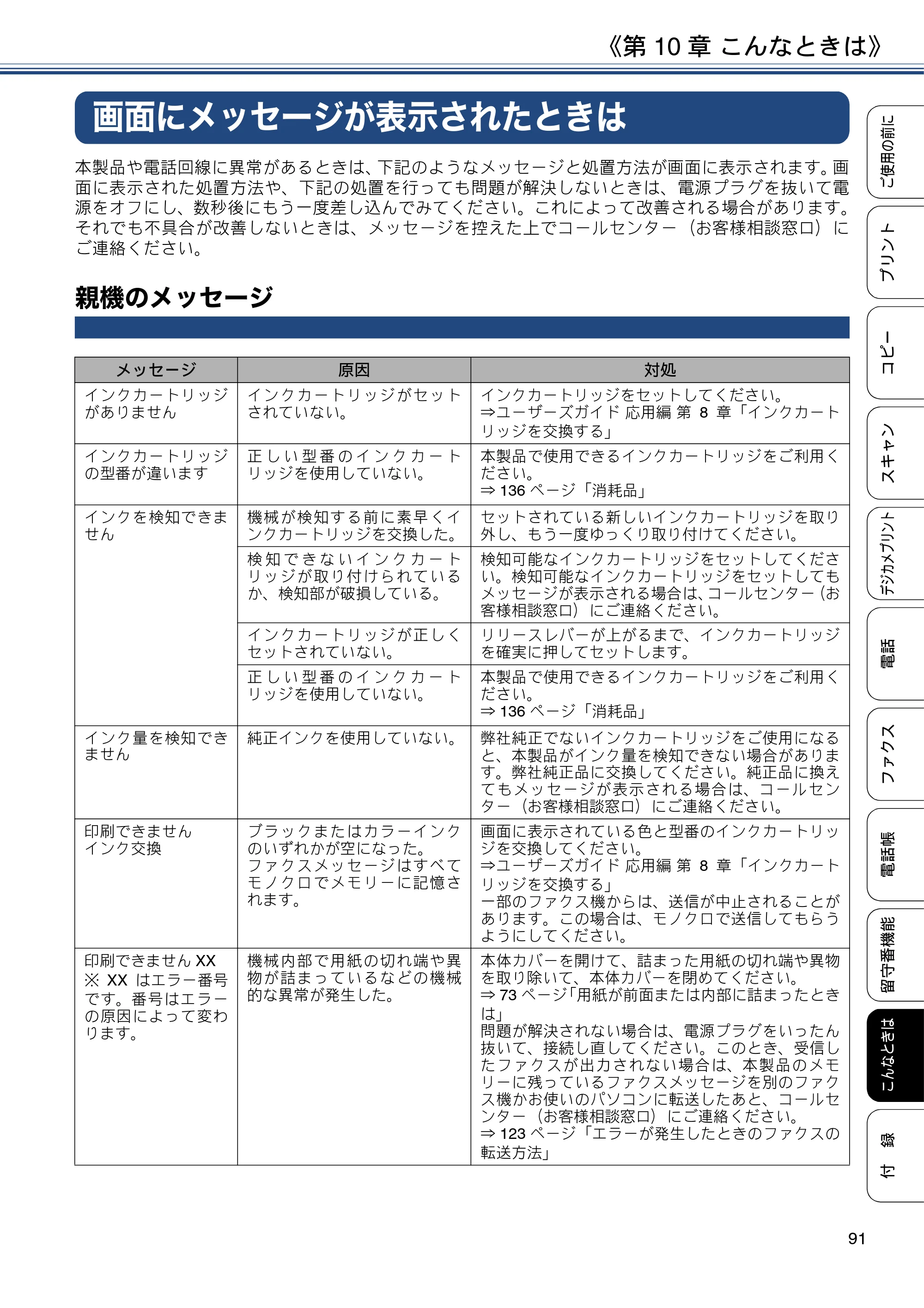 ブラザー MFC-J990DN / MFC-J990DWN / MFC-J730DN / MFC-J730DWN ユーザーズガイド ～基本編～ — 画面にメッセージが表示されたときは — 原本ページ — 91ページ