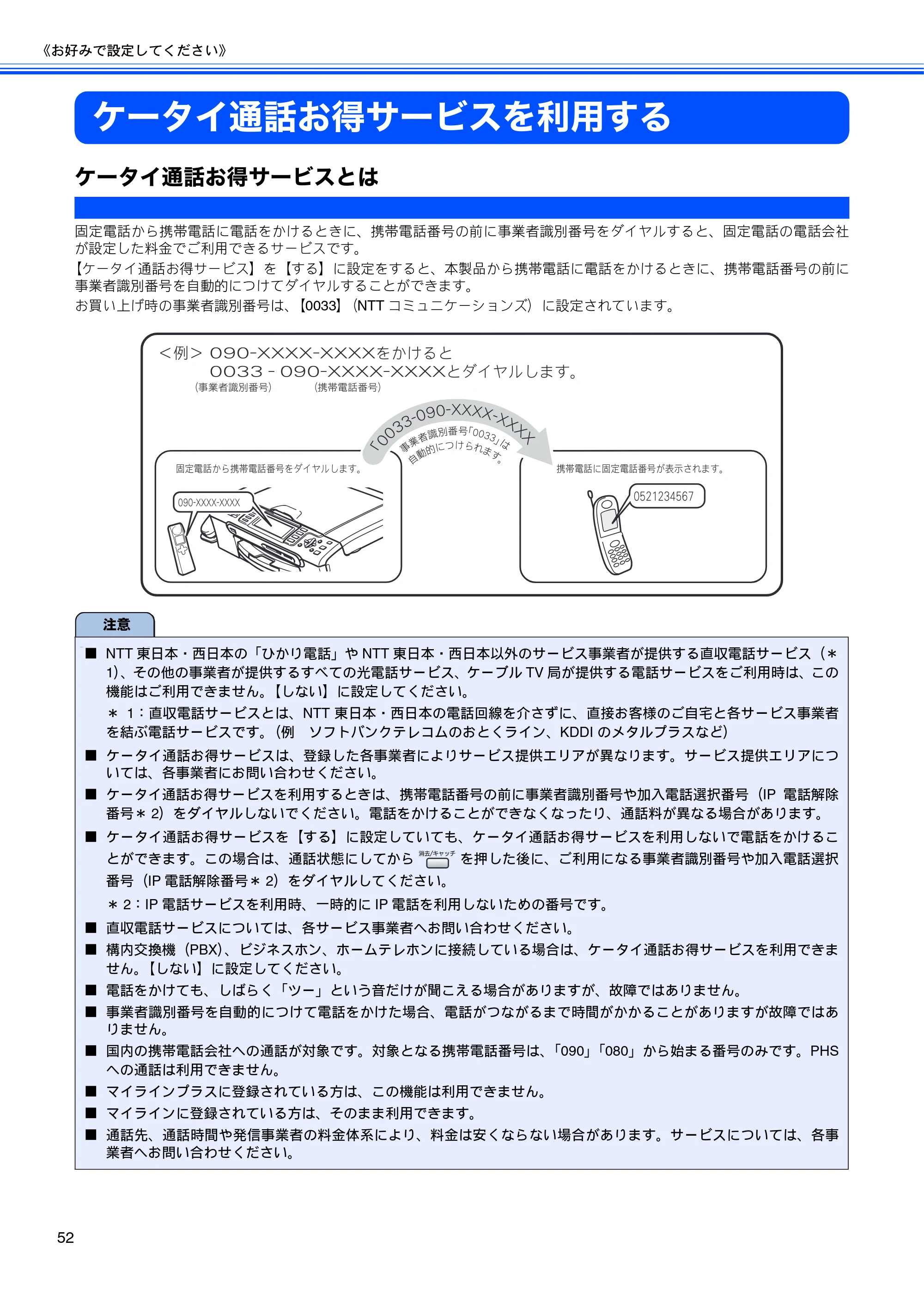 ブラザー MFC-850CDN / MFC-850CDWN / MFC-860CDN 取扱説明書(本体) — ケータイ通話お得サービスを利用する — 原本ページ — 54ページ