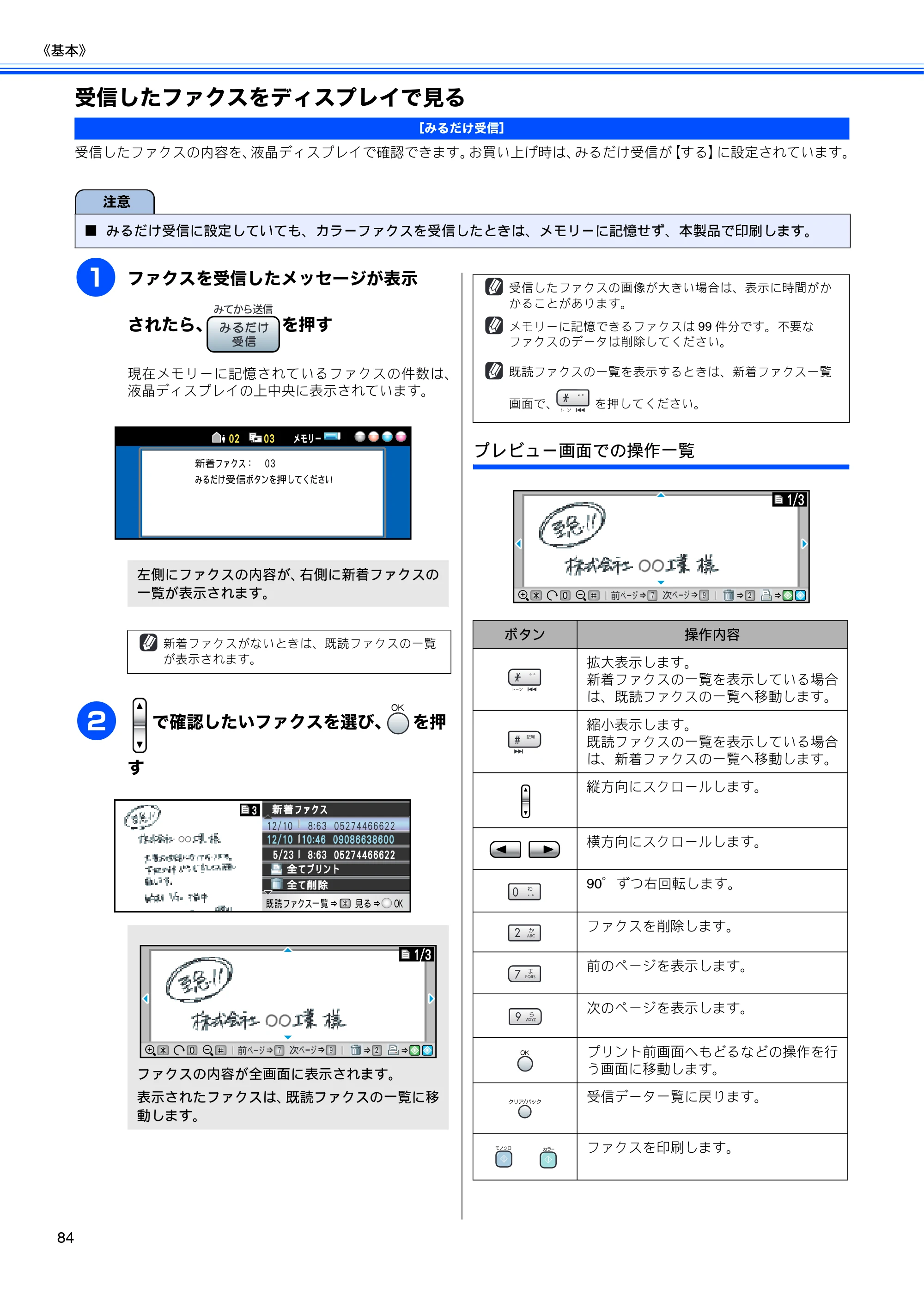 ブラザー MFC-850CDN / MFC-850CDWN / MFC-860CDN 取扱説明書(本体) — 受信したファクスをディスプレイで見る — 原本ページ — 86ページ