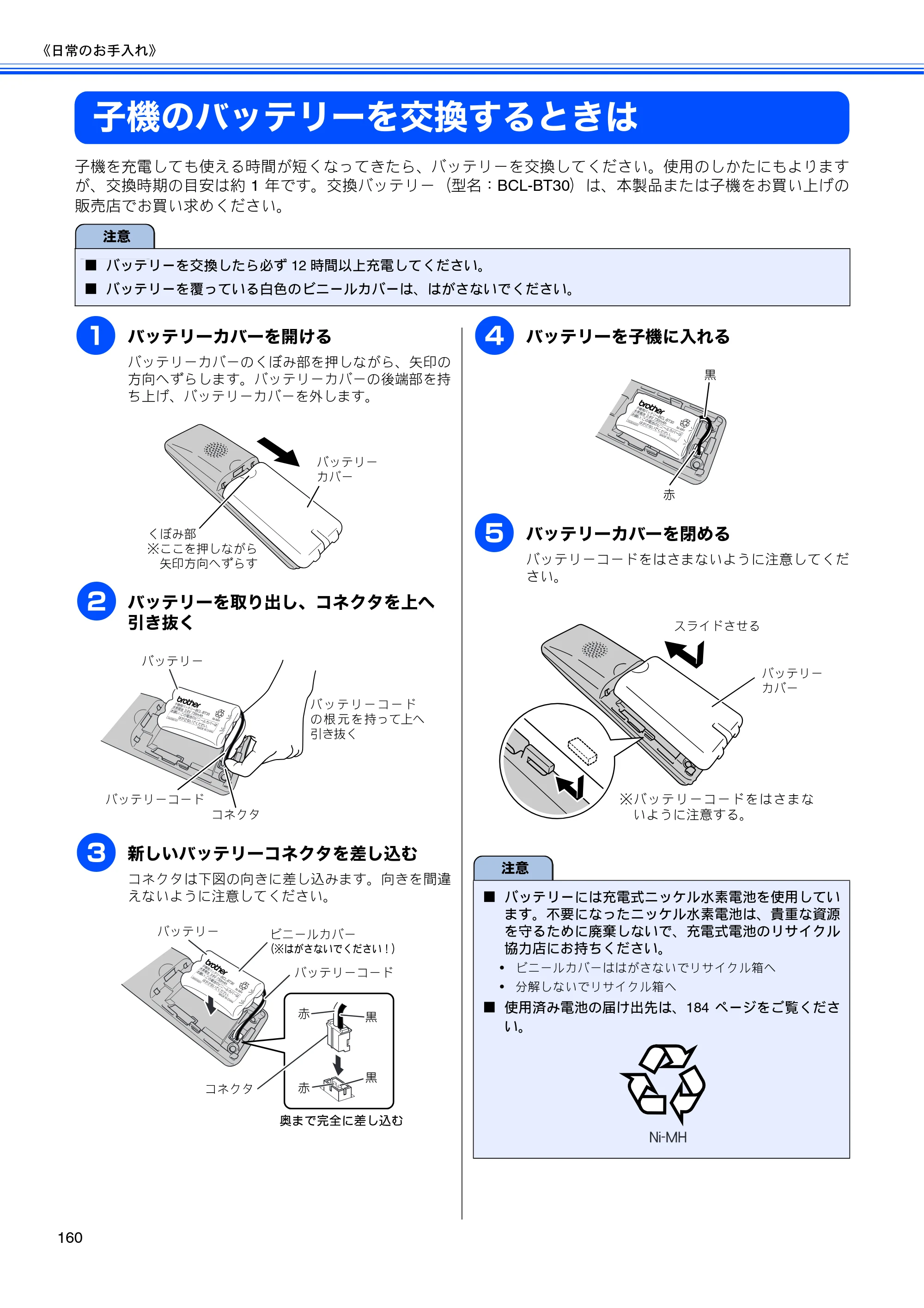 ブラザー MFC-850CDN / MFC-850CDWN / MFC-860CDN 取扱説明書（本体） — 子機のバッテリーを交換するときは — 原本ページ — 162ページ