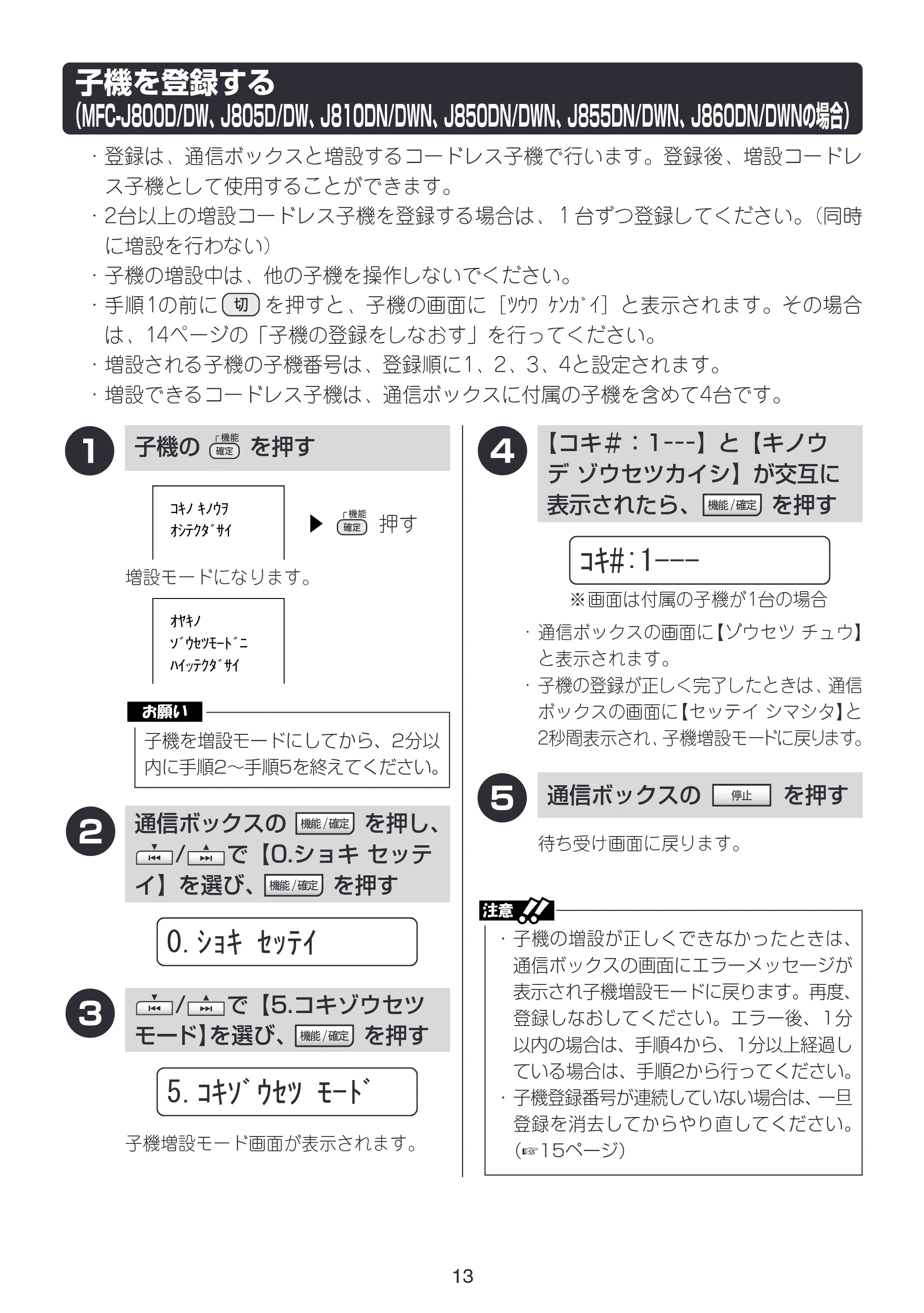 ブラザー MFC-J805D / MFC-J805DW / MFC-J800D / MFC-J800DW / MFC-J810DN/ MFC-J810DWN 増設コードレス子機取扱説明書 — 子機を登録する（MFC-J800D/DW、J805D/DW、J810DN/DWN、J850DN/DWN、J855DN/DWN、J860DN/DWNの場合） — 原本ページ — 14ページ