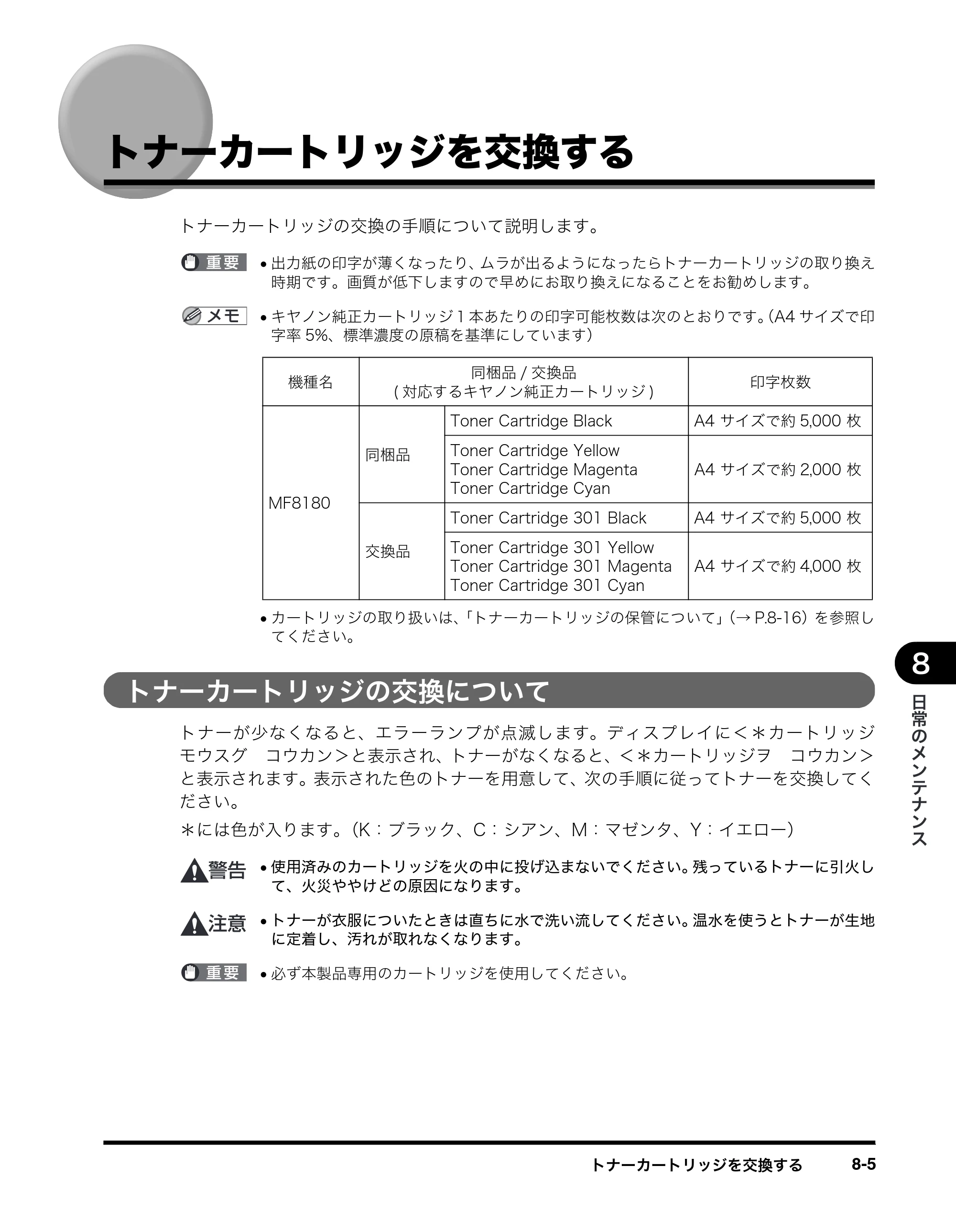 キヤノン MF8180 ユーザーズガイド （PDF形式／6.35Mバイト） — トナーカートリッジを交換する — 原本ページ — 92ページ