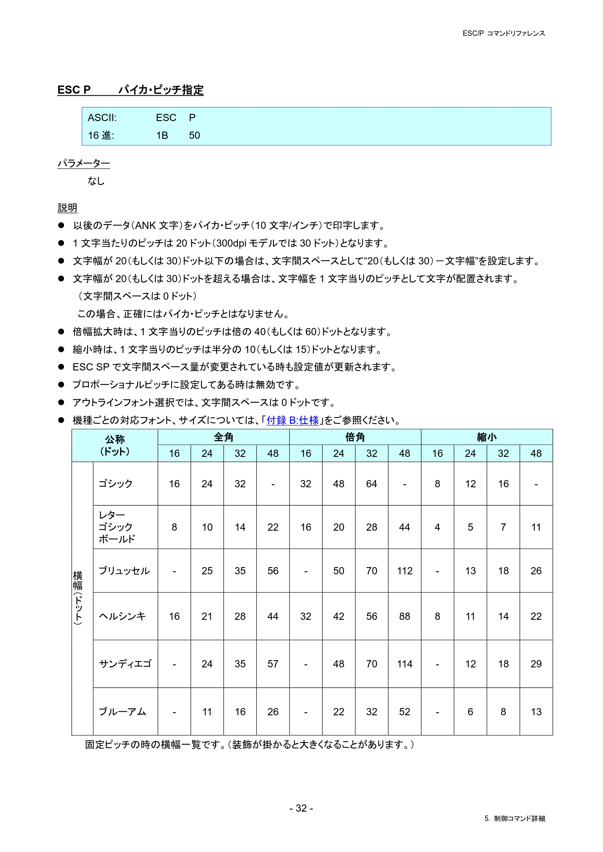 ブラザー RJ-4230B / RJ-4250WB / TD-2130N/ 2130NSA ESC/Pコマンドリファレンス — ESC P パイカ・ピッチ指定 — 原本ページ — 38ページ