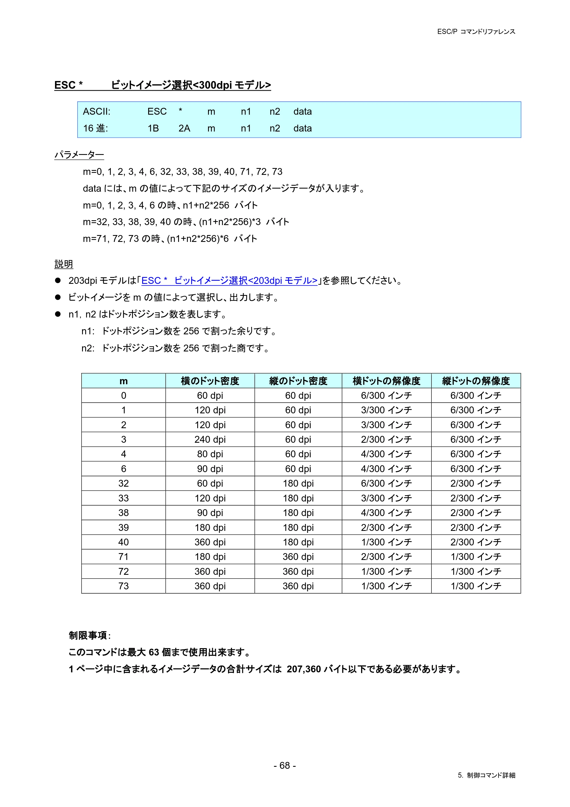 ブラザー RJ-4230B / RJ-4250WB / TD-2130N/ 2130NSA ESC/Pコマンドリファレンス — ESC * ビットイメージ選択<300dpiモデル> — 原本ページ — 74ページ