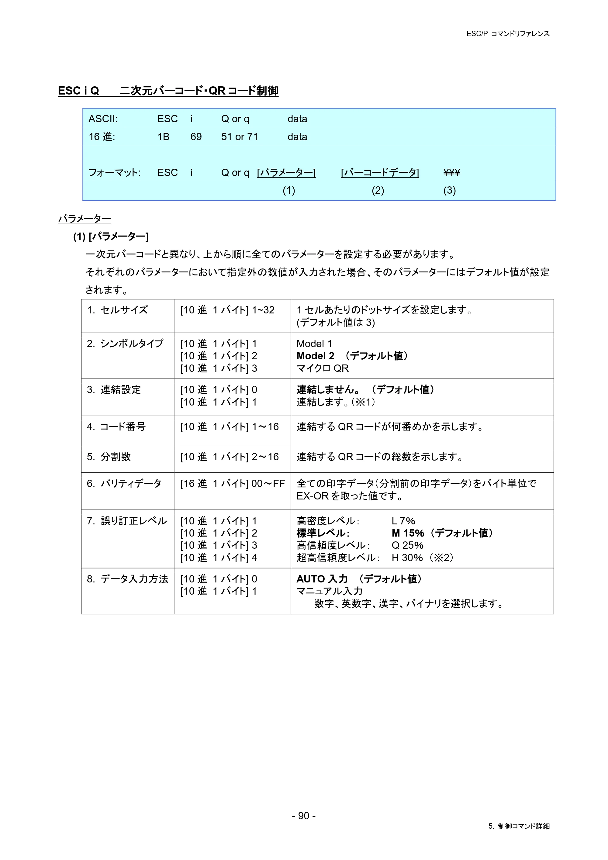 ブラザー RJ-4230B / RJ-4250WB / TD-2130N/ 2130NSA ESC/Pコマンドリファレンス — ESC i Q 二次元バーコード・QRコード制御 — 原本ページ — 96ページ
