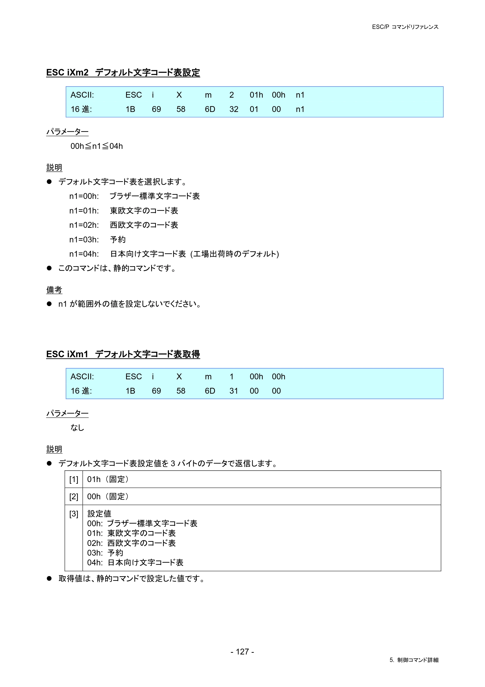 ブラザー RJ-4230B / RJ-4250WB / TD-2130N/ 2130NSA ESC/Pコマンドリファレンス — ESC iXm2 デフォルト文字コード表設定 — 原本ページ — 133ページ