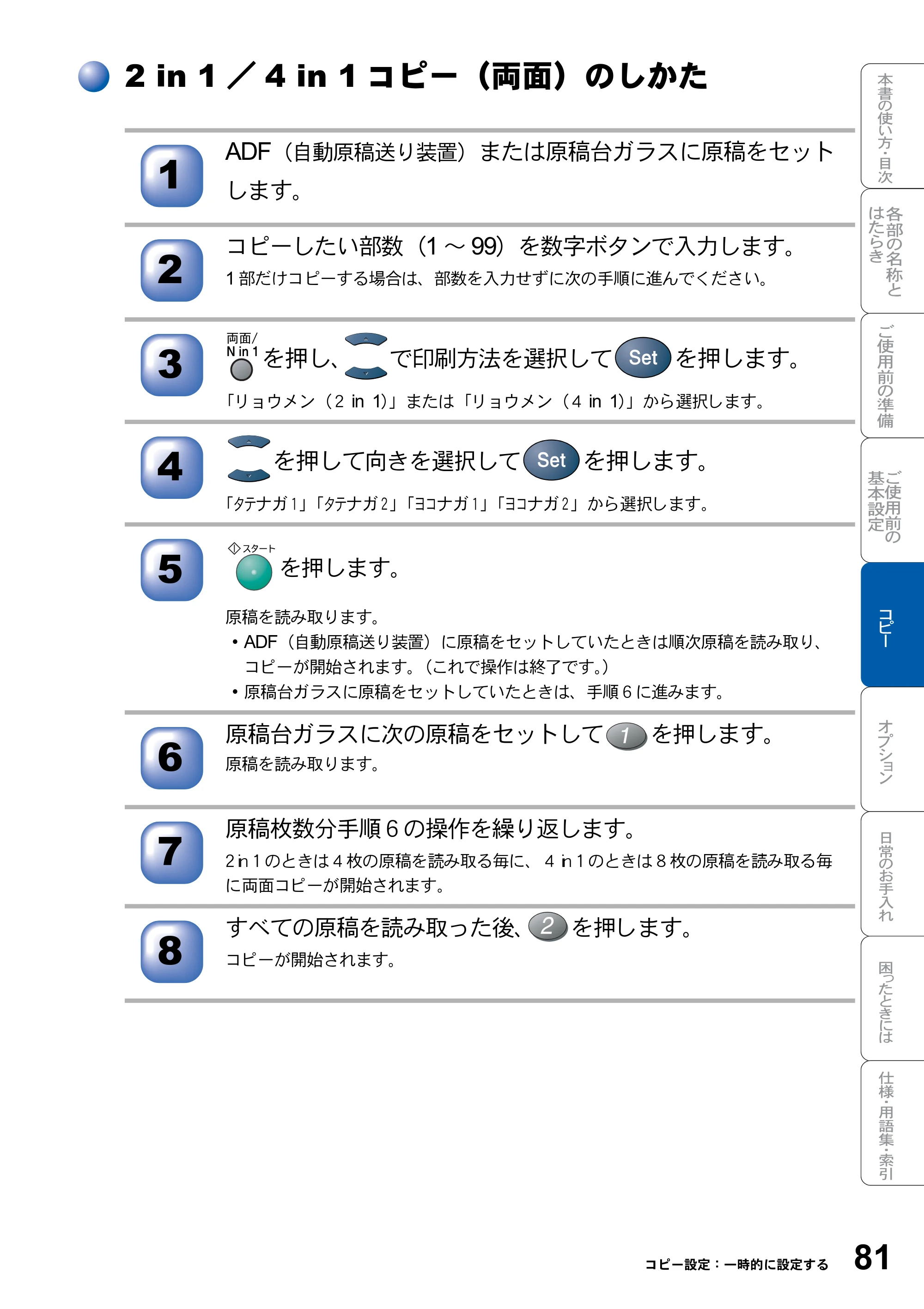 ブラザー DCP-8025JN 取扱説明書（本体） — 2 in 1／4 in 1コピー（両面）のしかた — 原本ページ — 81ページ
