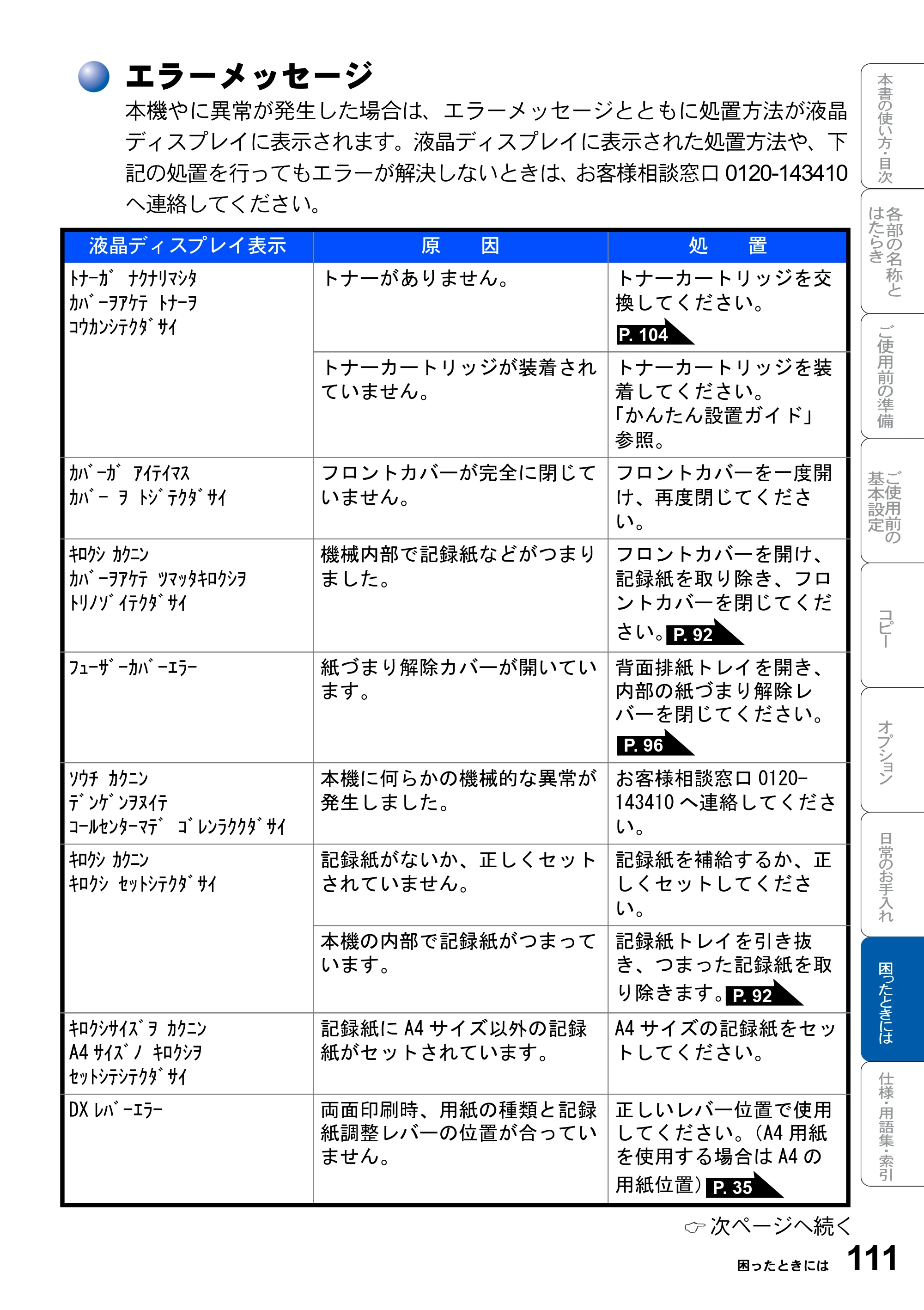 ブラザー DCP-8025JN 取扱説明書（本体） — エラーメッセージ — 原本ページ — 111ページ
