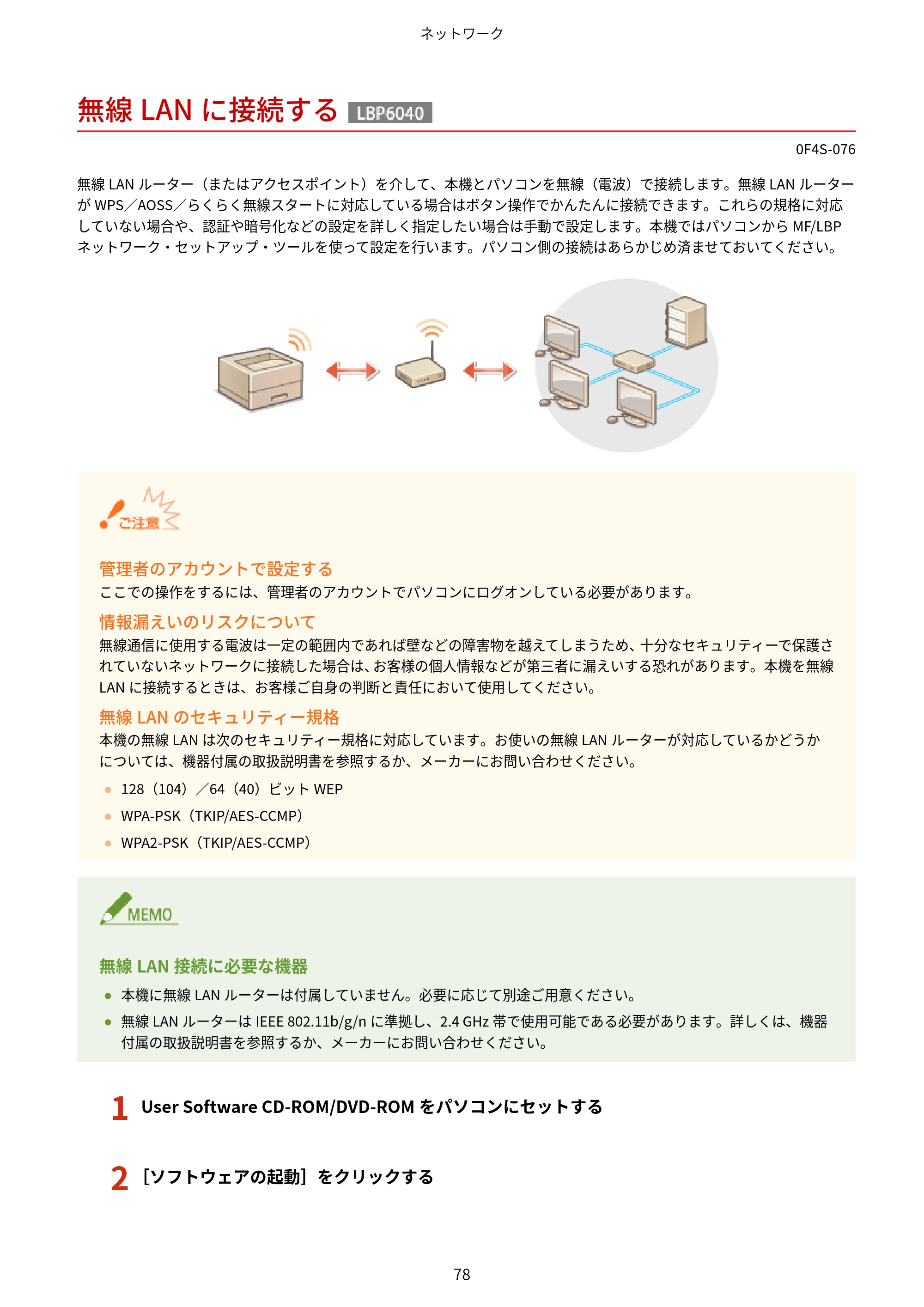 キヤノン LBP6040/LBP6030 ユーザーズガイド（PDF） 2019年11月7日更新（PDF：3.73MB） — 無線LANに接続する — 原本ページ — 82ページ