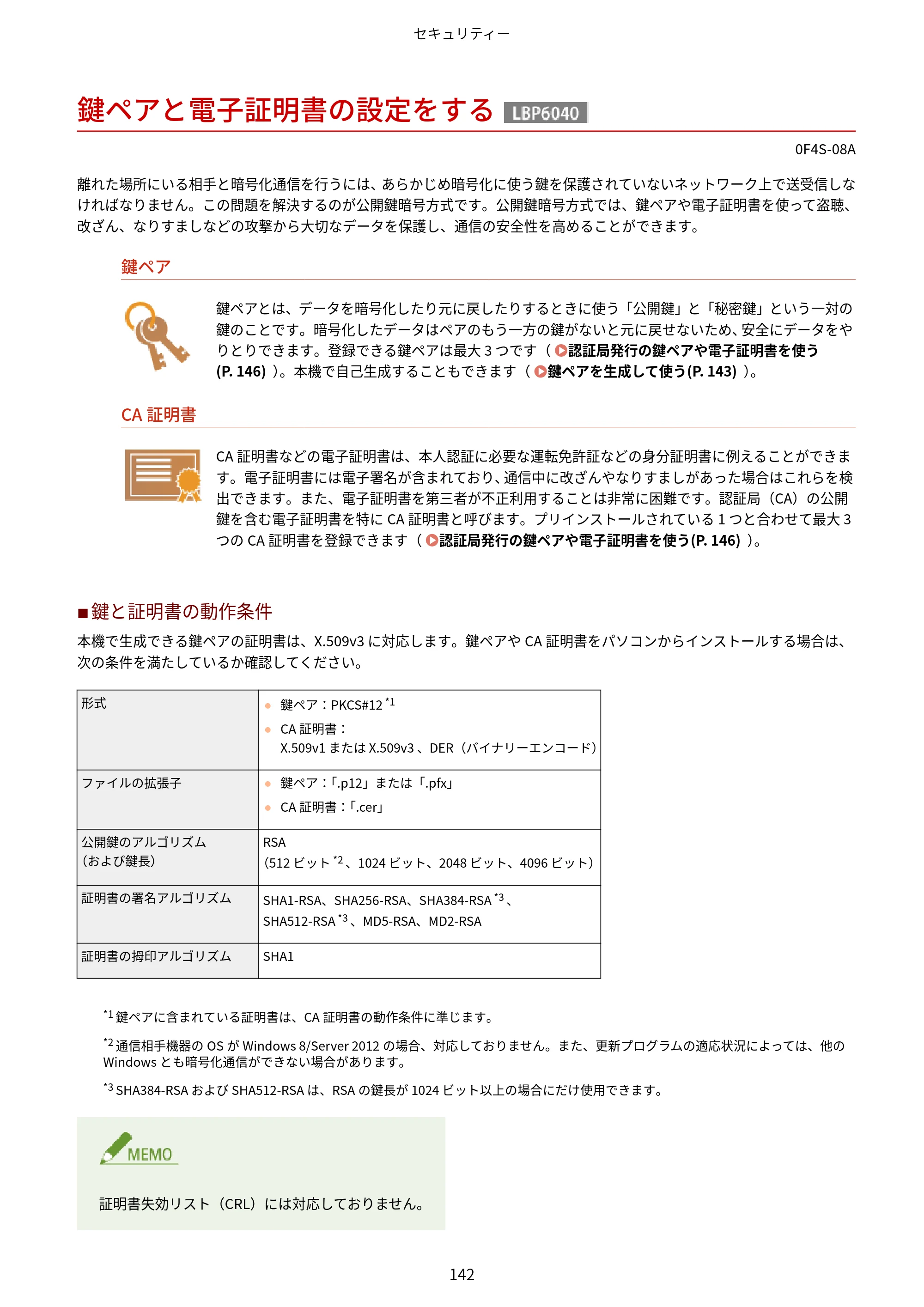 キヤノン LBP6040/LBP6030 ユーザーズガイド（PDF） 2019年11月7日更新（PDF：3.73MB） — 鍵ペアと電子証明書の設定をする — 原本ページ — 146ページ