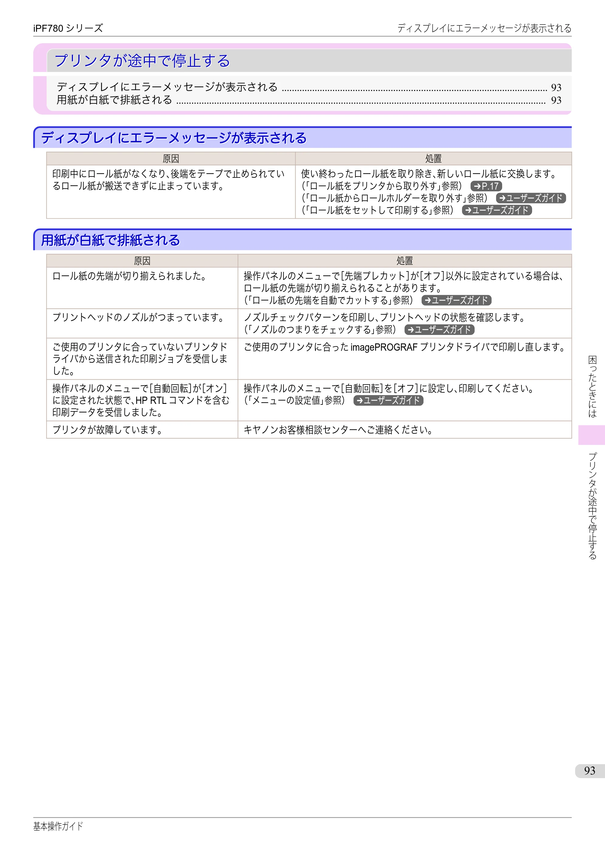 キヤノン iPF680/685/780/785 iPF780 基本操作ガイド（PDF：11.2MB） — プリンタが途中で停止する — 原本ページ — 93ページ