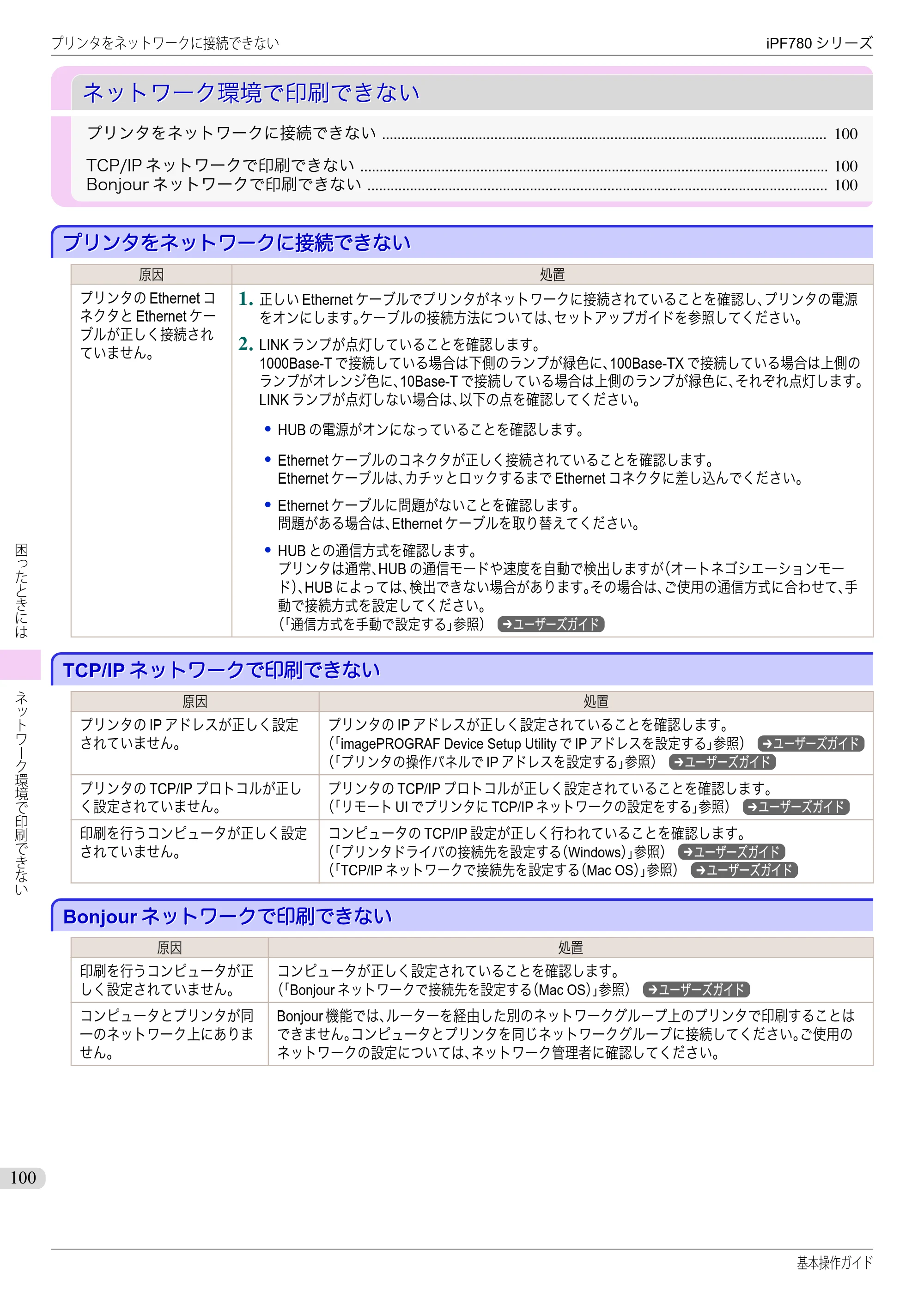 キヤノン iPF680/685/780/785 iPF780 基本操作ガイド（PDF：11.2MB） — ネットワーク環境で印刷できない — 原本ページ — 100ページ