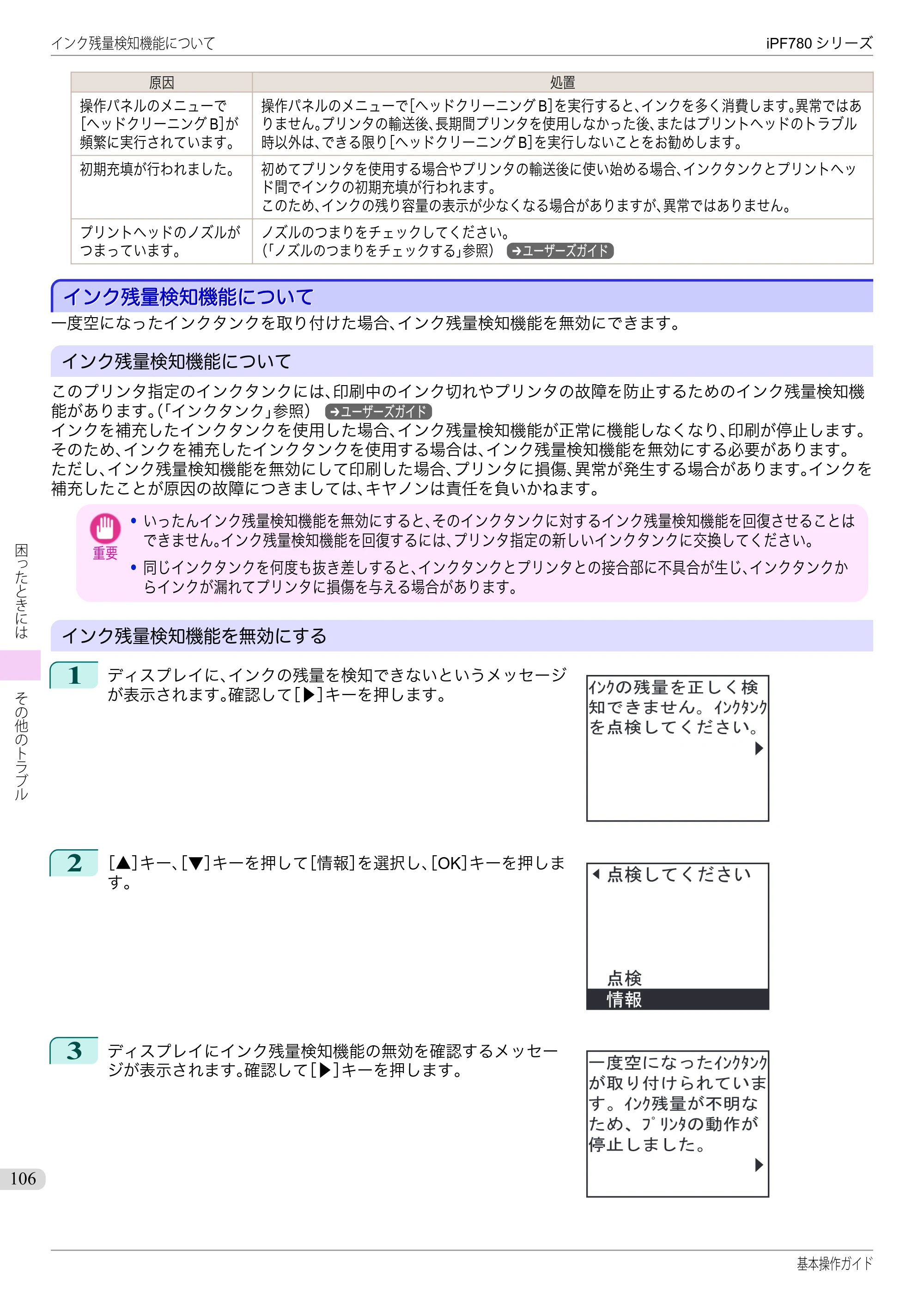 キヤノン iPF680/685/780/785 iPF780 基本操作ガイド（PDF：11.2MB） — インク残量検知機能について — 原本ページ — 106ページ