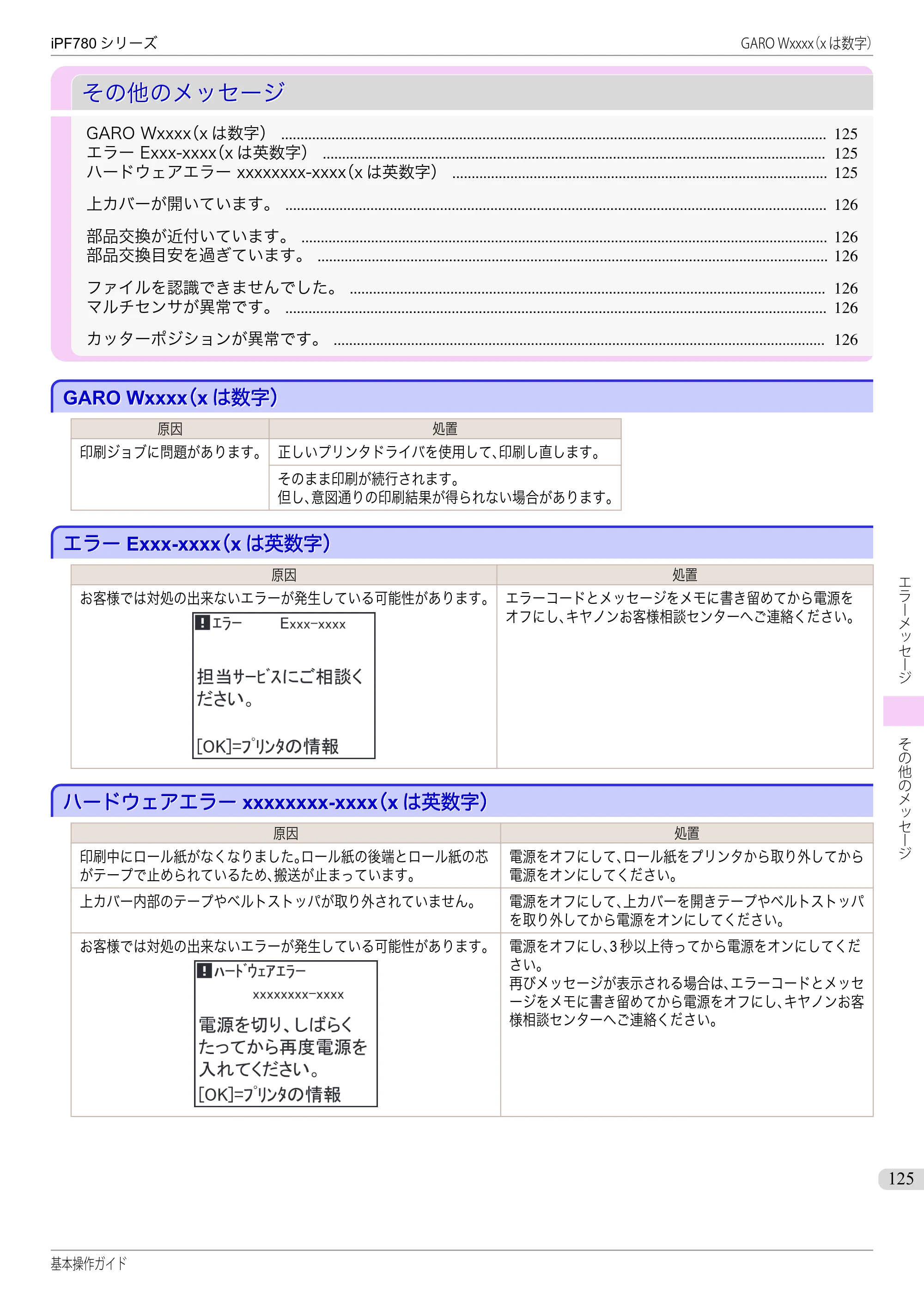 キヤノン iPF680/685/780/785 iPF780 基本操作ガイド（PDF：11.2MB） — その他のメッセージ — 原本ページ — 125ページ