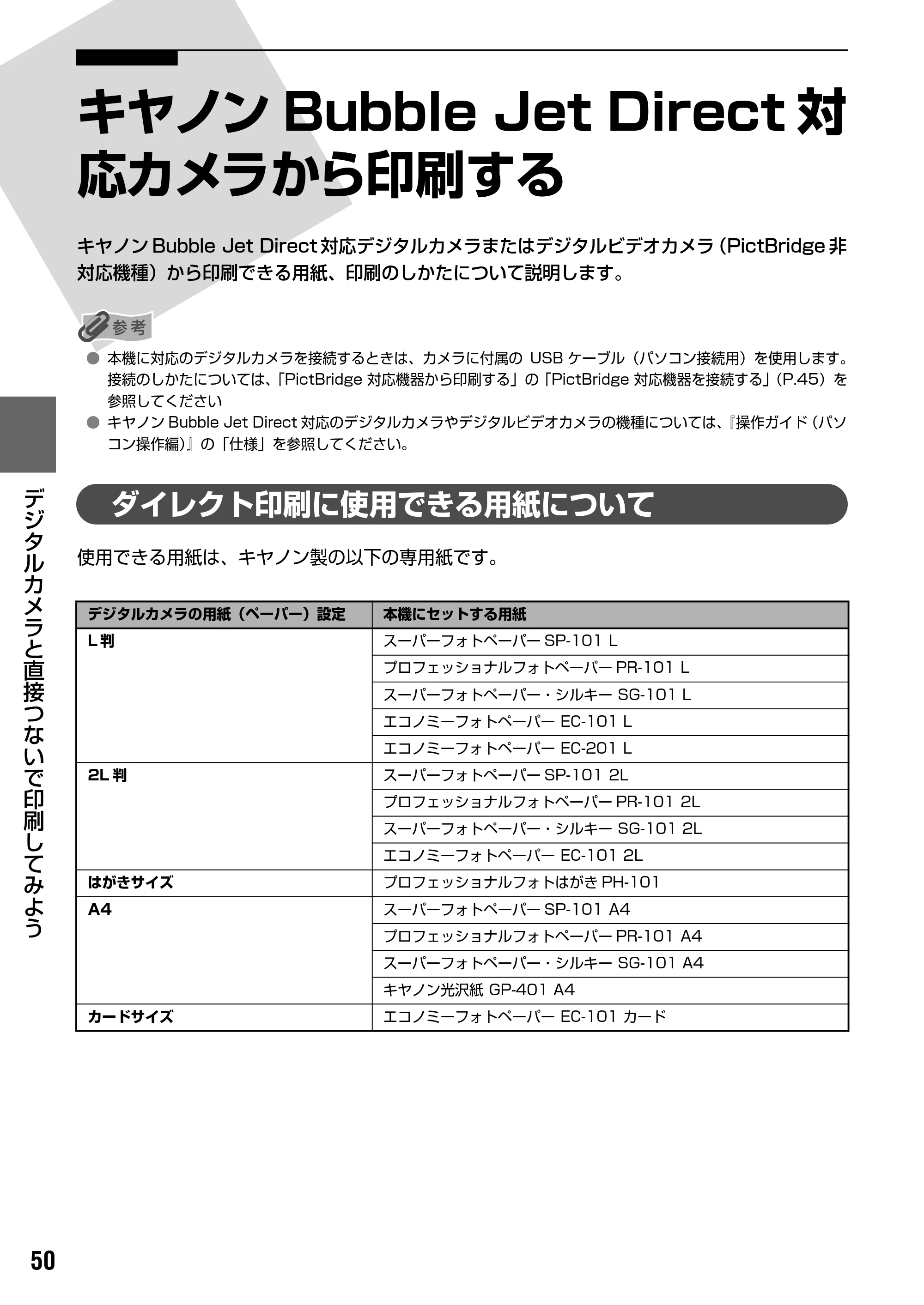 キヤノン PIXUS MP170 操作ガイド（本体操作編） （PDF形式／4.16Mバイト） — デジタルカメラと直接つないで印刷してみよう — 原本ページ — 52ページ