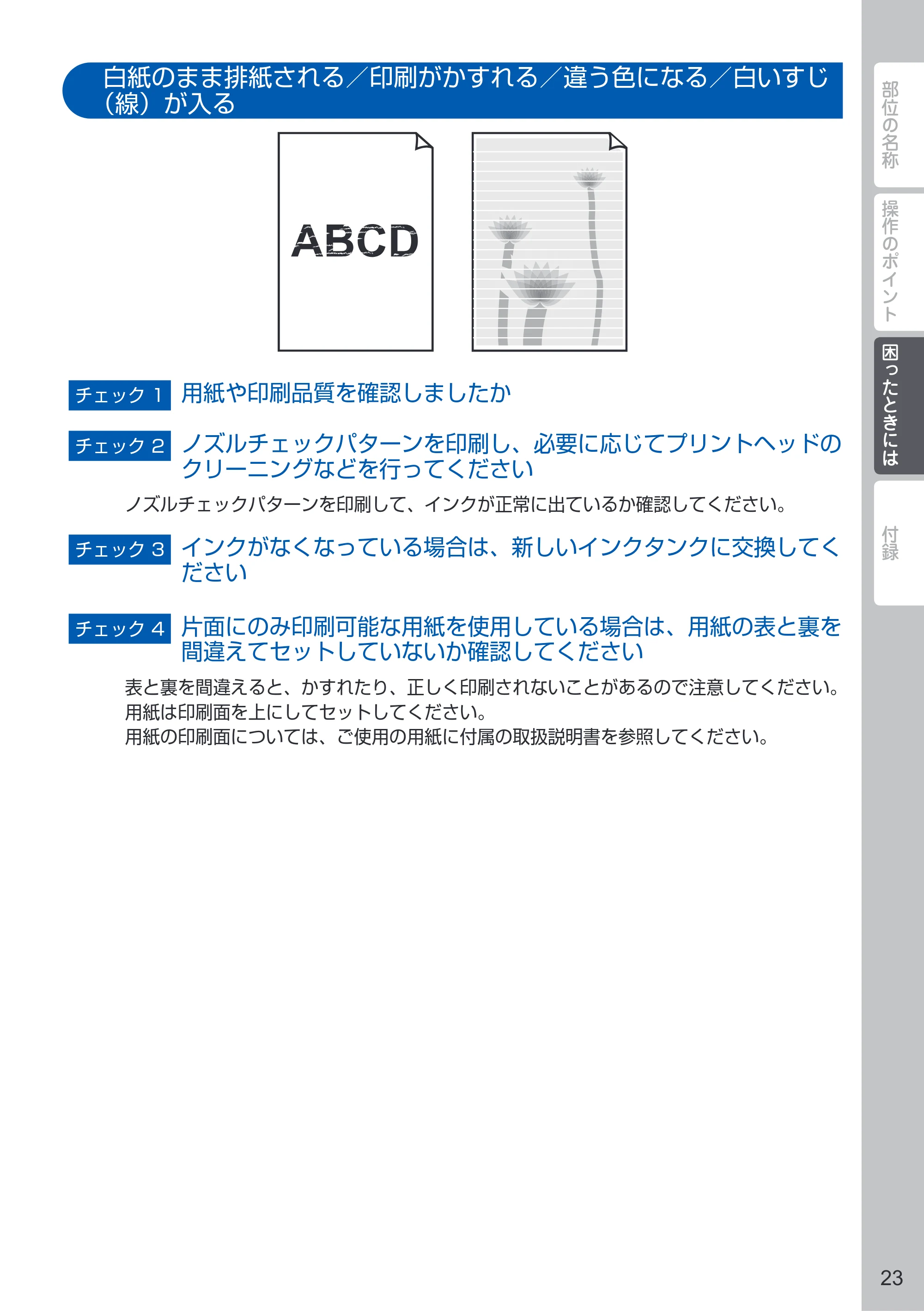 キヤノン PIXUS iP110 PIXUS 早わかり（PDF：2.62MB） — 白紙のまま排紙される／印刷がかすれる／違う色になる／白いすじ（線）が入る — 原本ページ — 25ページ