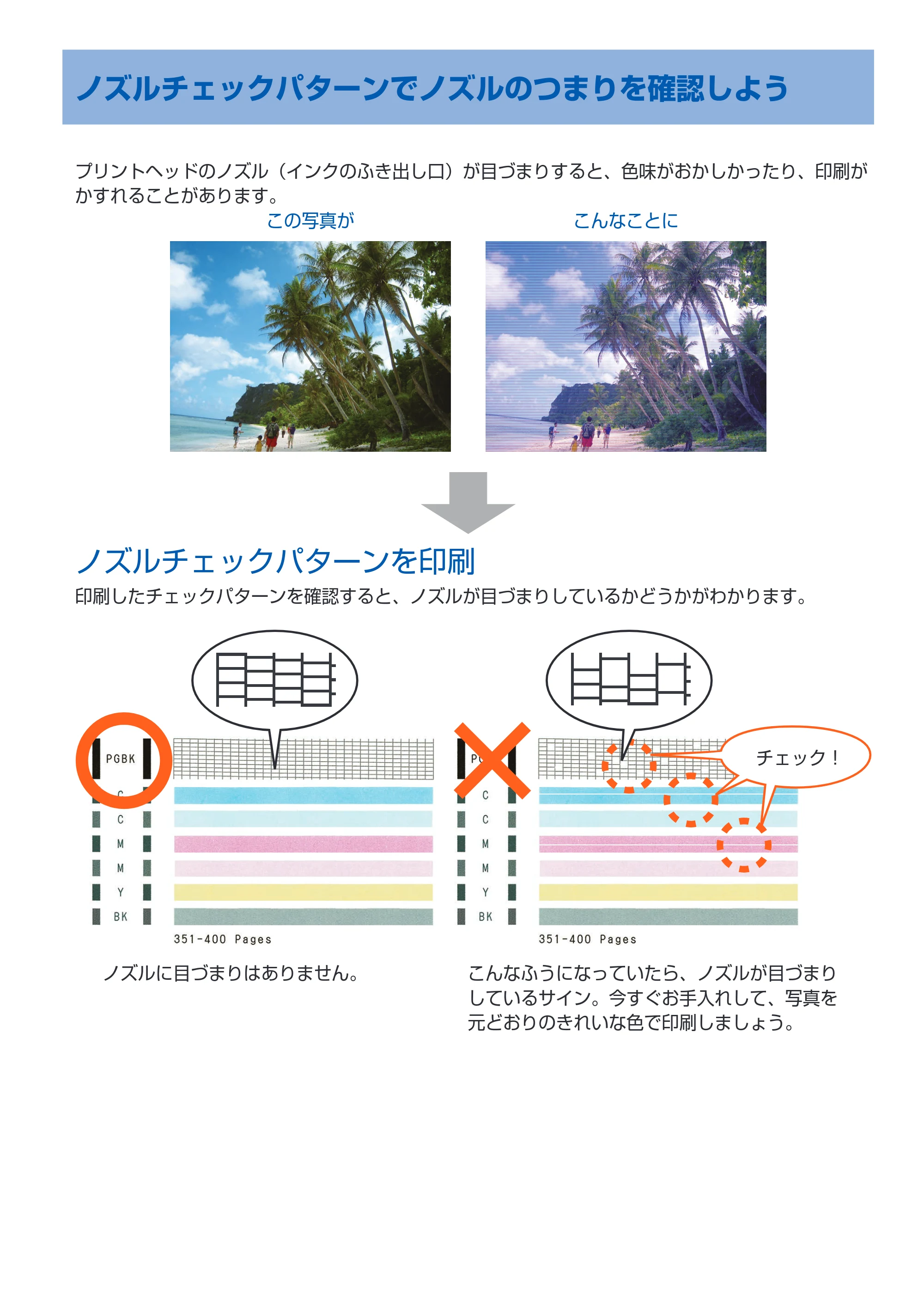 キヤノン PIXUS iP110 PIXUS 早わかり（PDF：2.62MB） — ノズルチェックパターンでノズルのつまりを確認しよう — 原本ページ — 31ページ